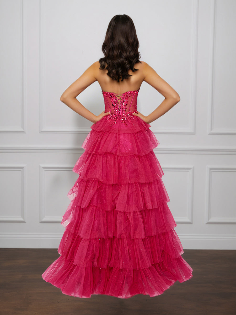 Cicinia Fuchsia Prom Dresses Tulle Layered Slit Sleeveless A-Line Evening Gown