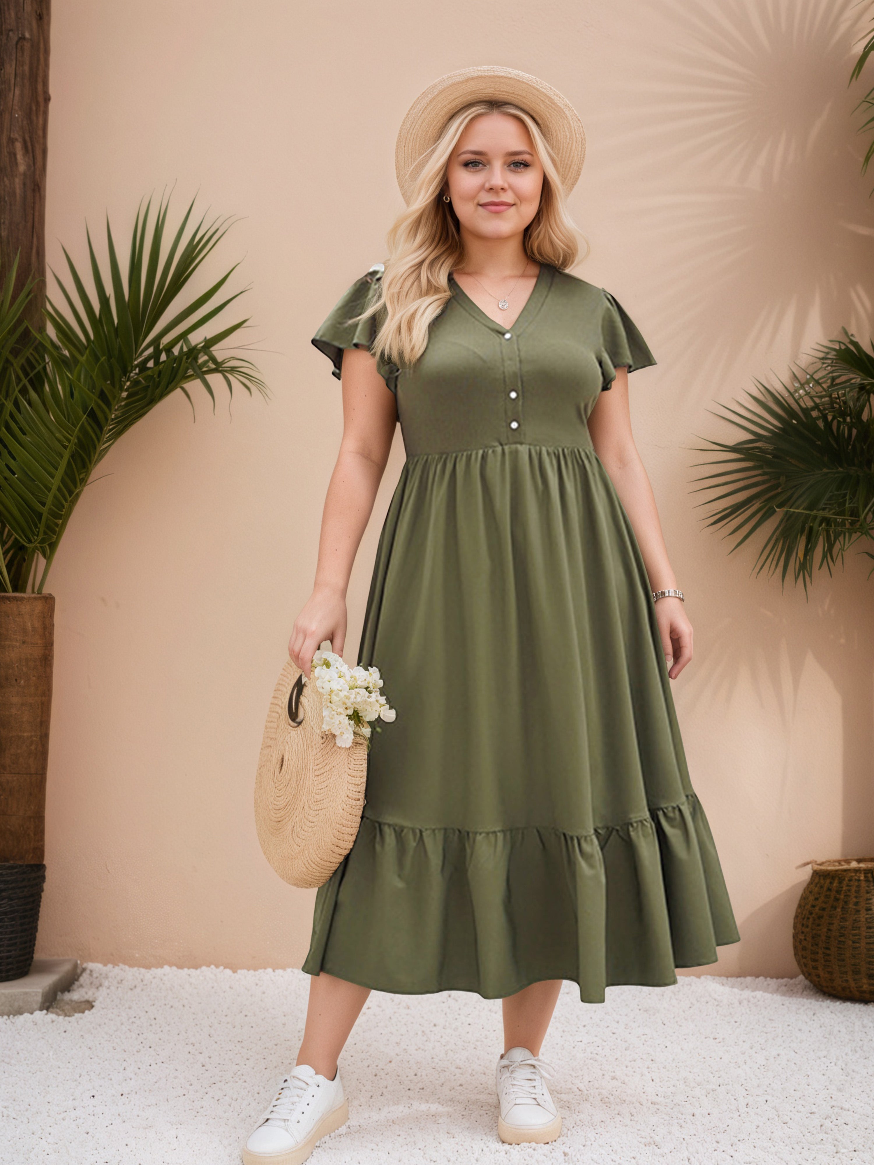 Dark Olive Green Ruffle Hem V-Neck Plus Size Dress
