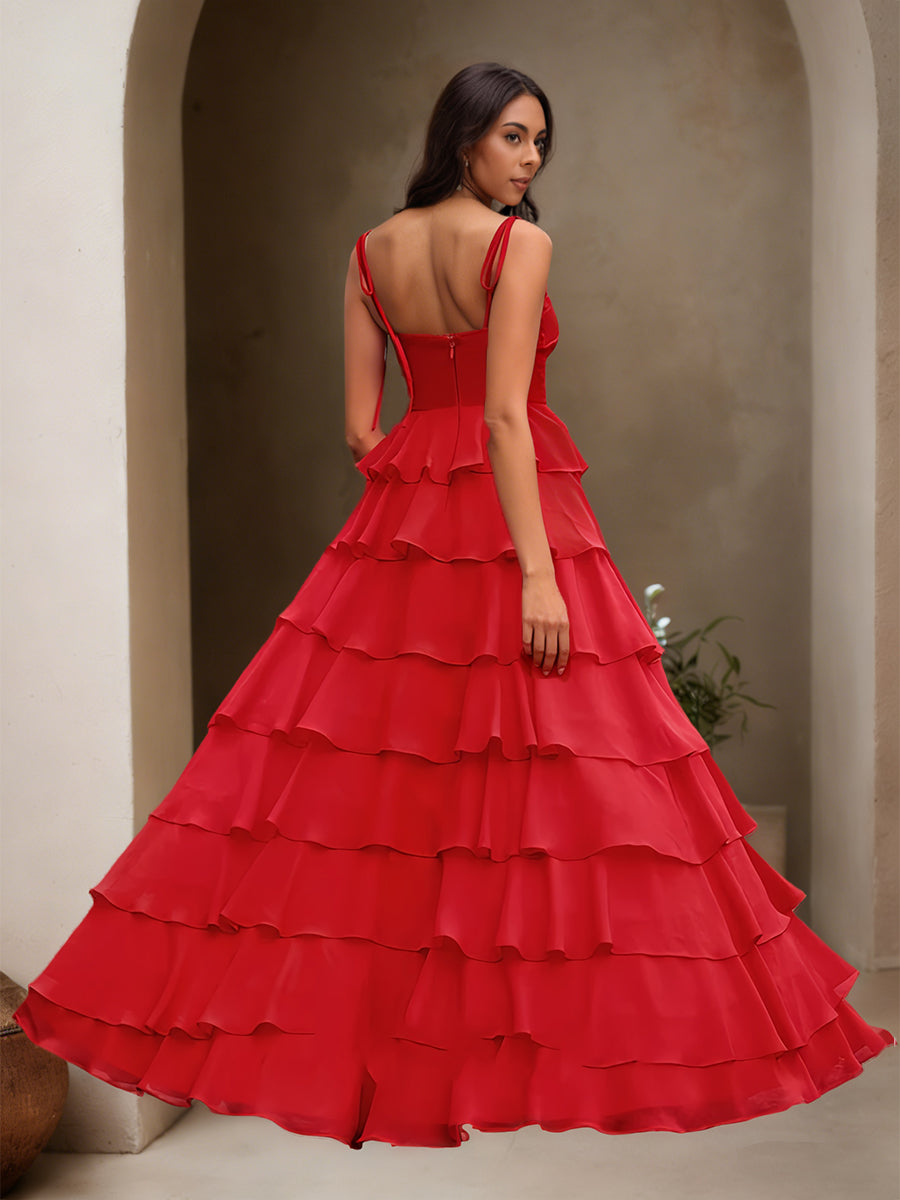Cicinia Red Prom Dresses Chiffon Spaghetti Straps A-Line Layered Party Gowns with Split