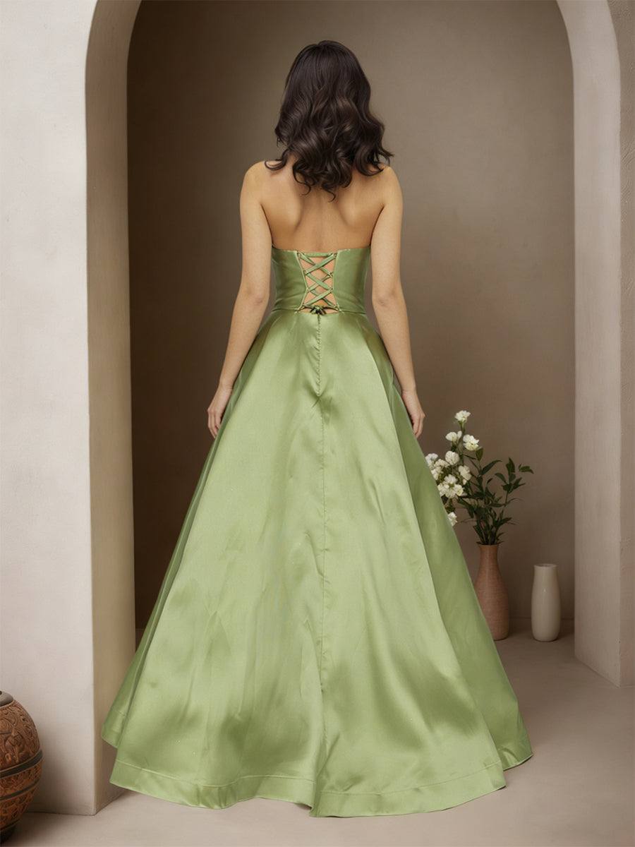 Cicinia Dusty Sage Prom Dresses Satin A-Line Floor Length Strapless Evening Gown