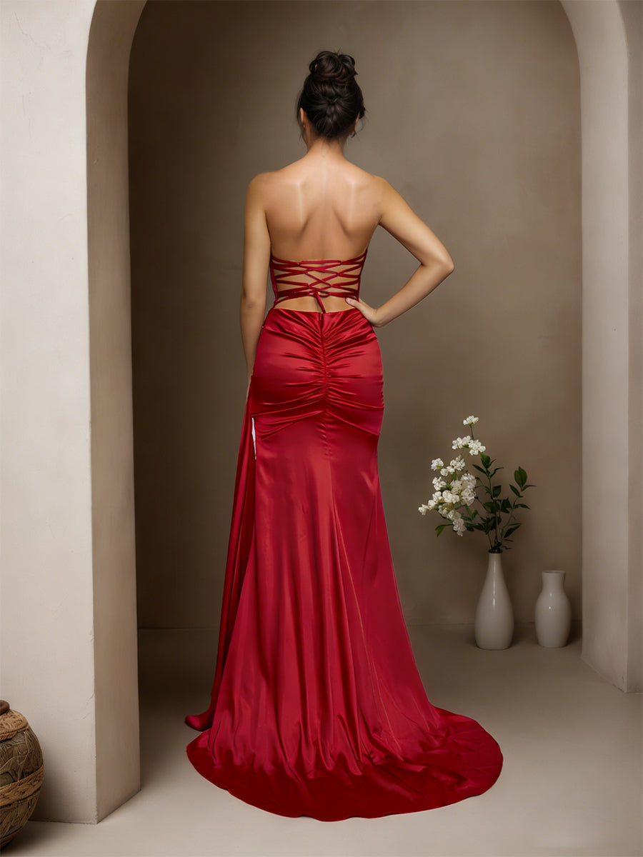 Cicinia Burgundy Prom Dresses Soft Satin Sheath Strapless Sweep Train with Split Evening Gown