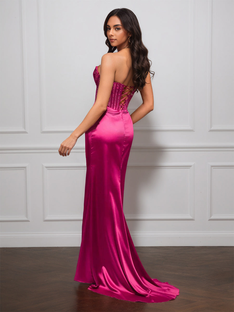 Cicinia Azalea Prom Dress Stretch Satin Strapless Backless Sheath with Slit Sweep Train Evening Dress
