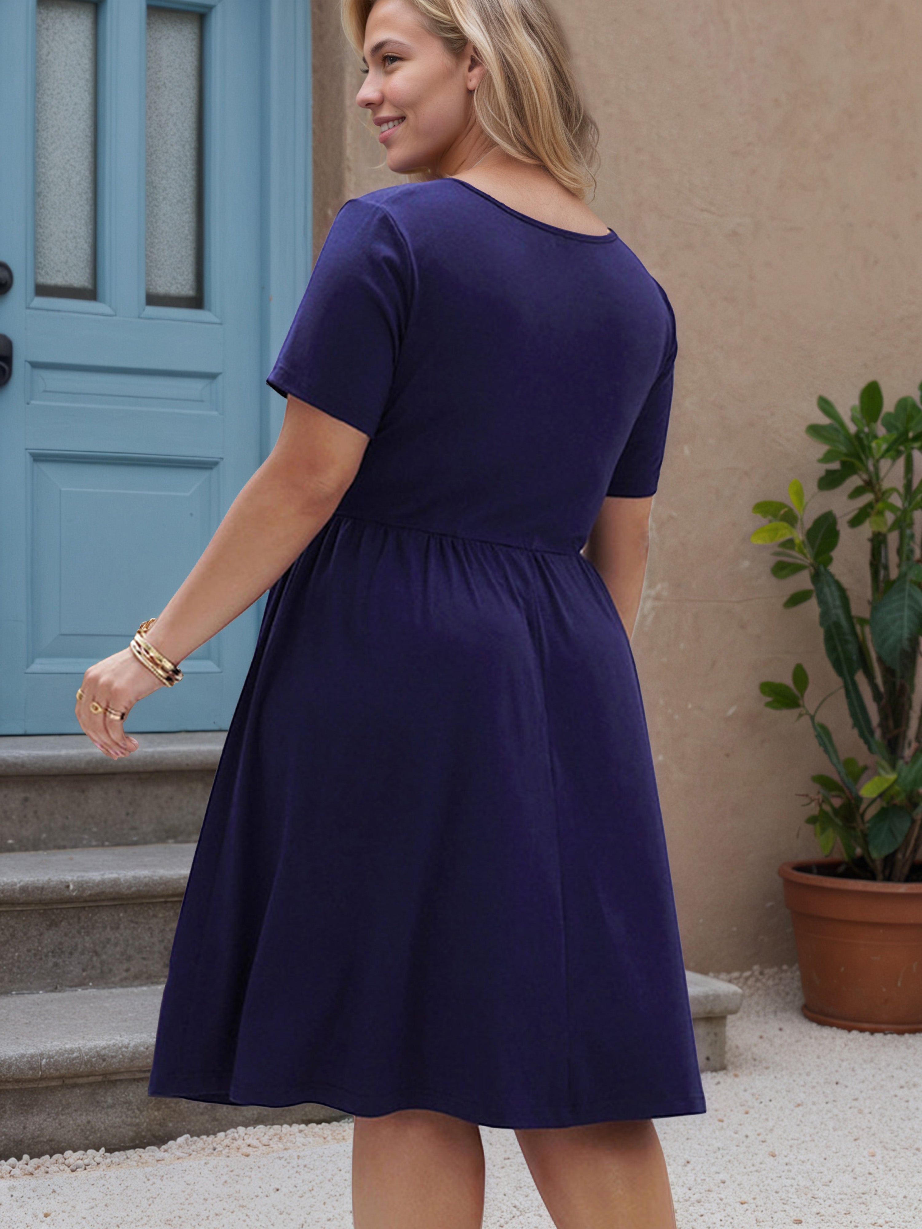 Regency Short Sleeves Ruched Knee Length Plus Size Dress