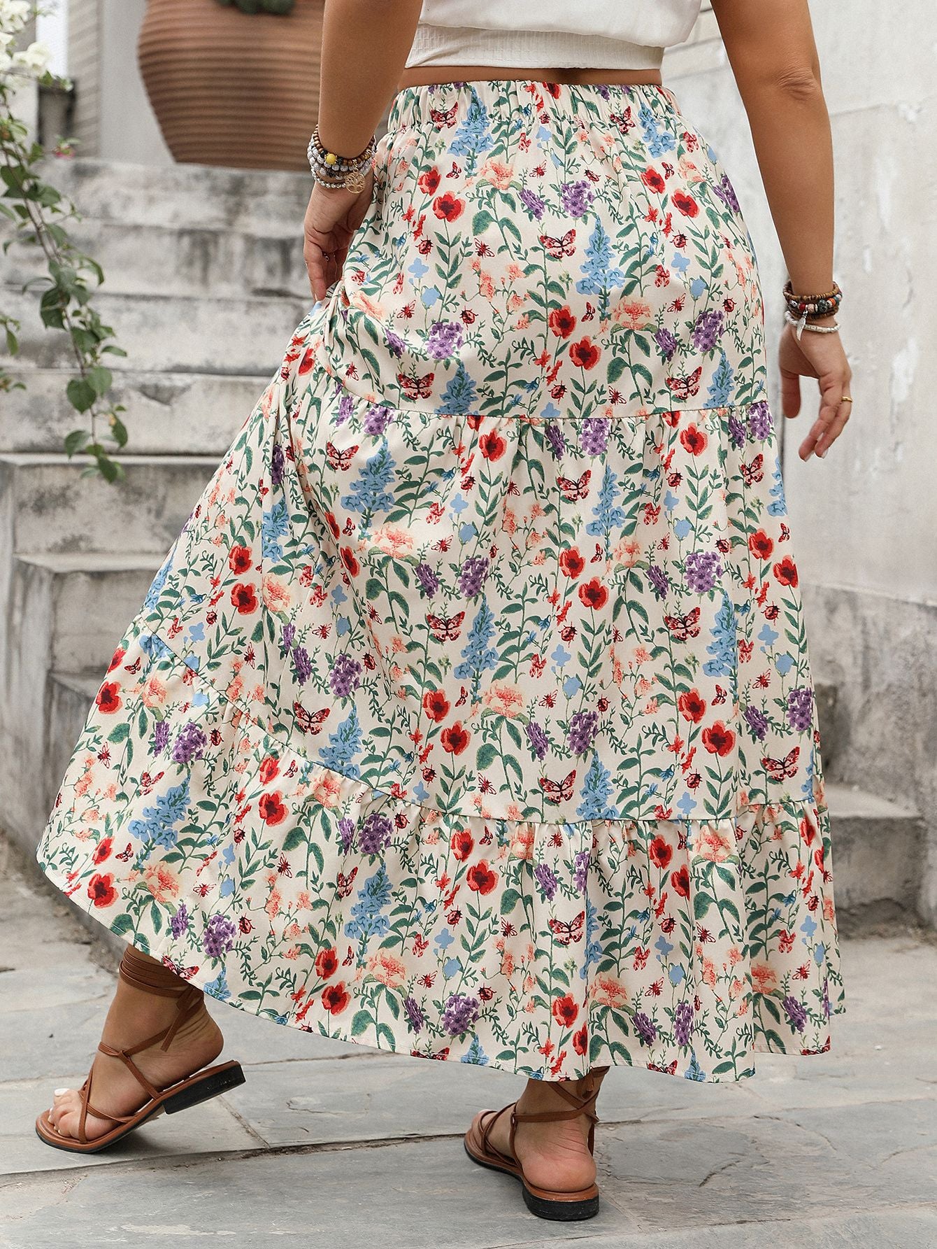 A-Line Floral Apricot Long Plus Size Skirt