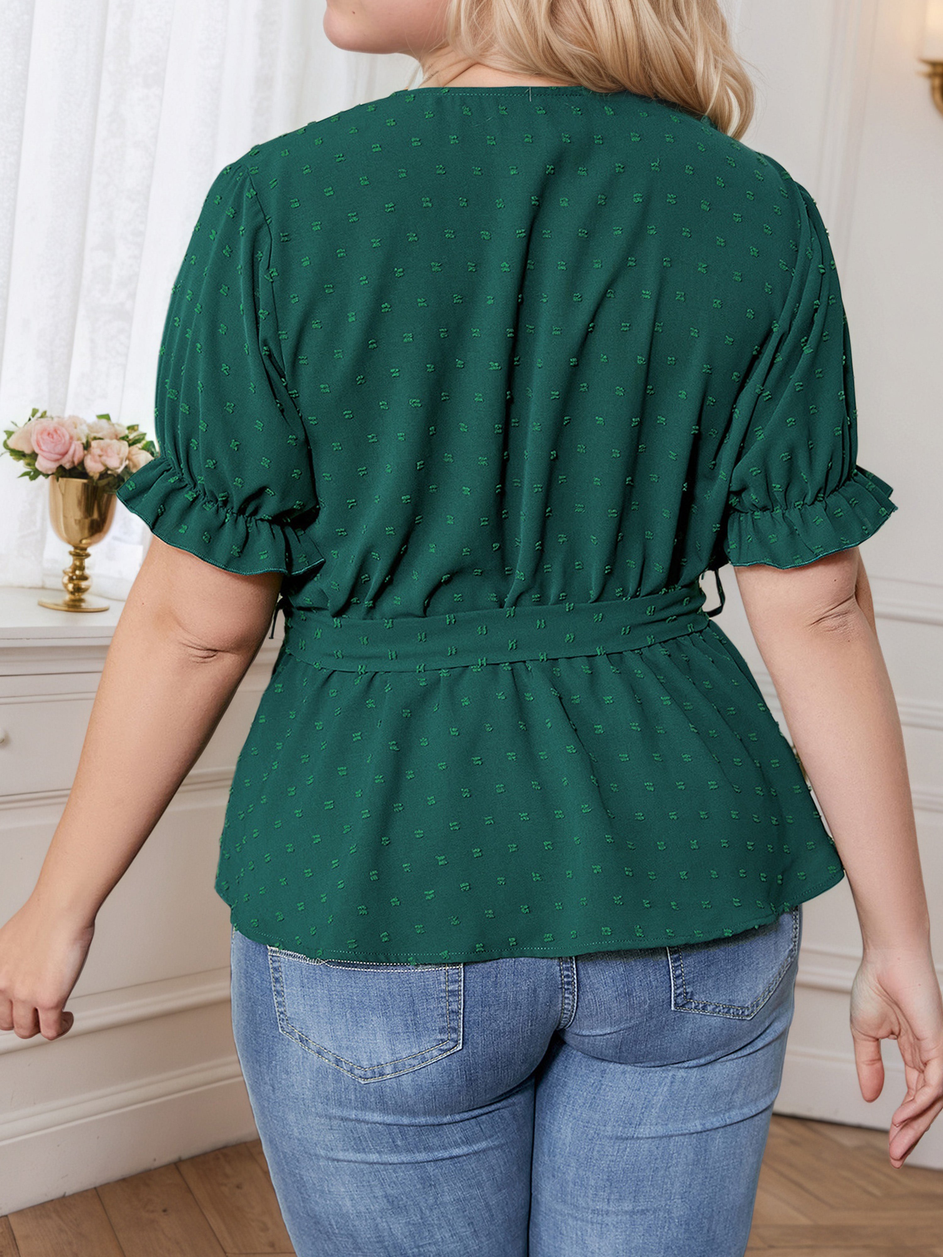 Ruffle Sleeves Plus Size Dark Green V-Neck Blouse