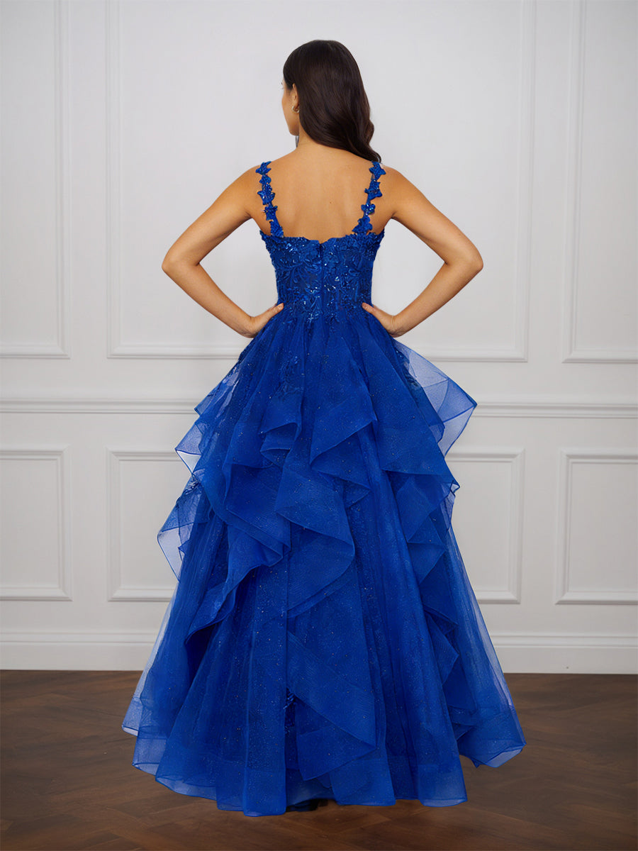 Cicinia Royal Blue Prom Dresses Tulle Lace Appliques Layers A-Line Floor Length Party Gown