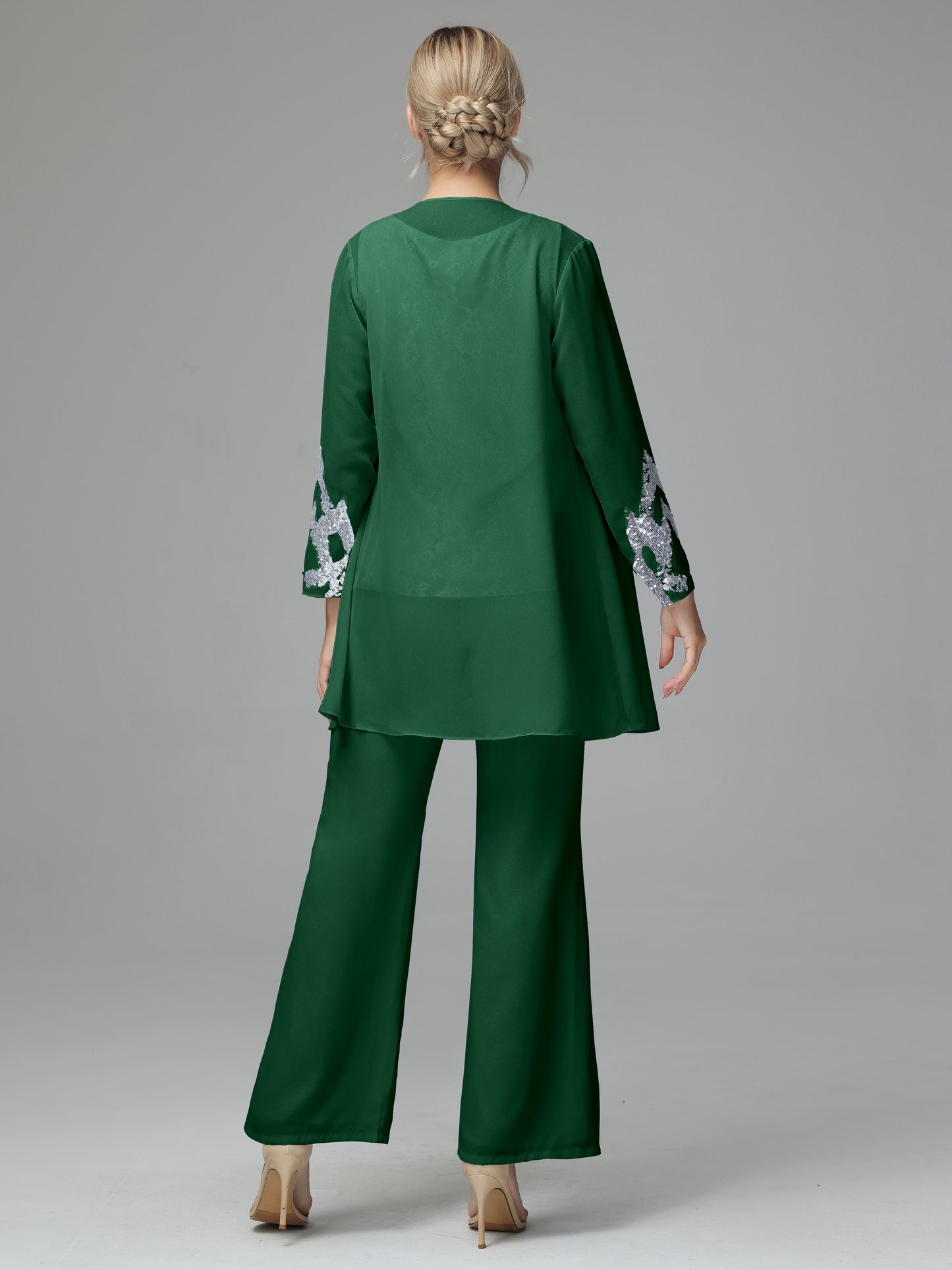 Chiffon 3 Pieces Mother of the Bride Dress Pant Suits With Appliques