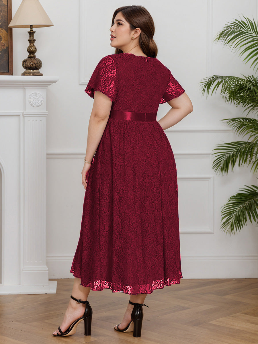 Cicinia Burgundy Mother Of The Bride Dresses Lace A-Line Tea Length Short Sleeves Plus Size