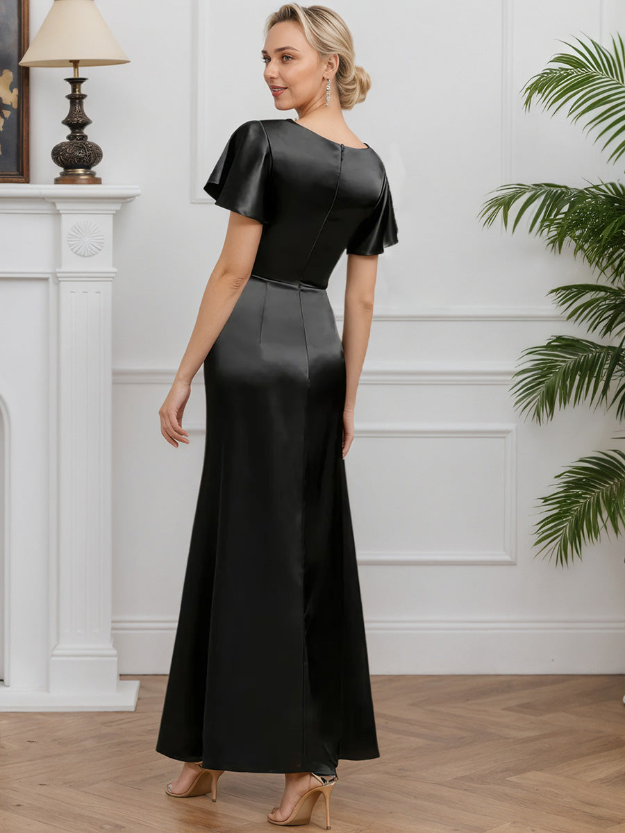 Cicinia Black Mother Of The Bride Dresses Satin Short Sleeves Beading Long A-Line