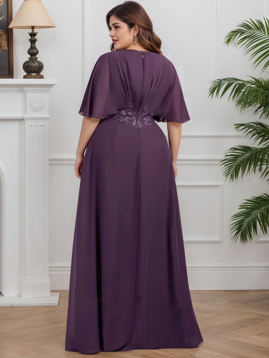 Cicinia Plum Mother Of The Bride Dresses Chiffon Lace A-Line V-Neck Half Sleeves Plus Size