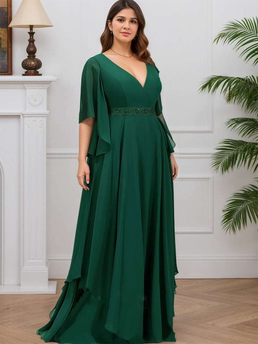 Cicinia Dark Green Mother Of The Bride Dresses Chiffon V-Neck Beading A-Line Sleeves Plus Size