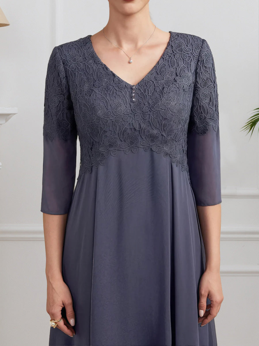 Cicinia Stormy Mother Of The Bride Dresses Chiffon Lace A-Line V-Neck Tea Length 3/4 Length Sleeves