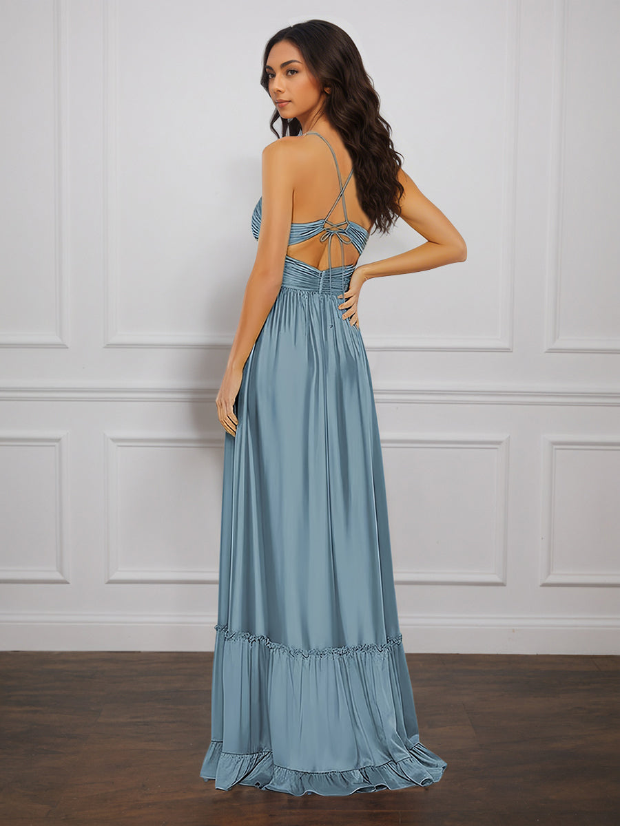 Cicinia Dusty Blue Prom Dress with Spaghetti Straps Ruched Soft Satin A-Line Formal Evening Gowns