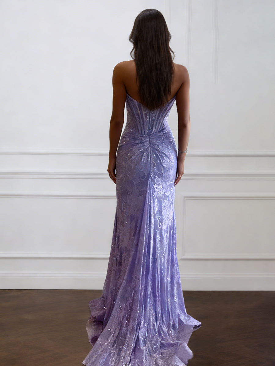 Cicinia Lilac Prom Dress Glitter Strapless Sweep Train Long Lace Mermaid Evening Dress