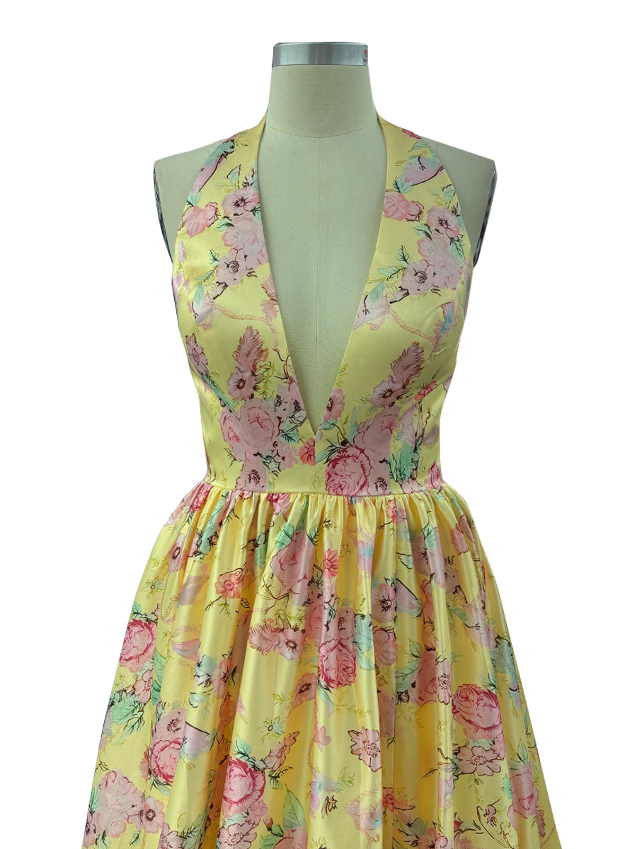 Cicinia Yellow Prom Dress Floral Printed Halter Deep V Backless A-Line with Slit Evening Gowns