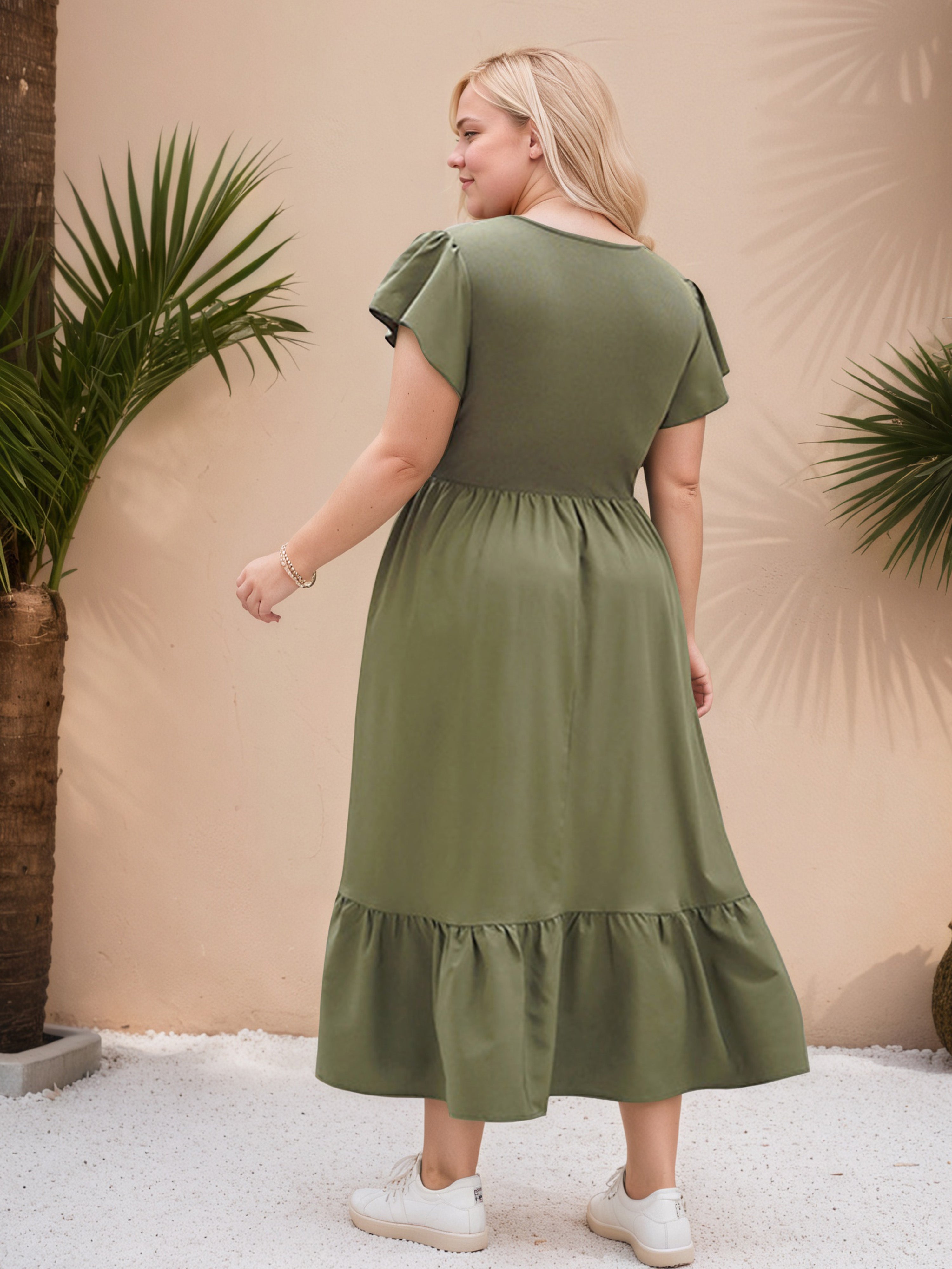 Dark Olive Green Ruffle Hem V-Neck Plus Size Dress