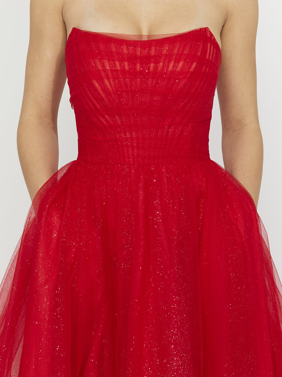 Cicinia Red Prom Dresses Glitter Tulle A-Line Strapless Sweep Train Evening Gowns