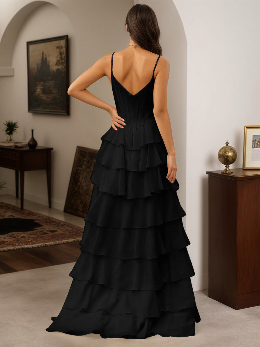 Cicinia Black Prom Dresses Spaghetti Straps A-Line Layers Floor Length with Split