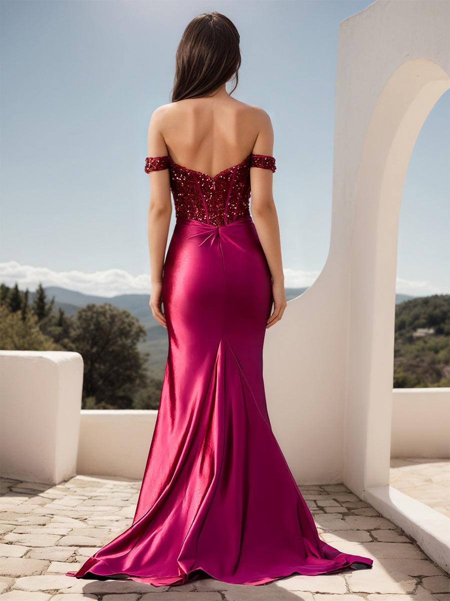 Cicinia Fuchsia Prom Dresses Stretch Fabric Off The Shoulder Sheath Slit Sweep Train Evening Gown