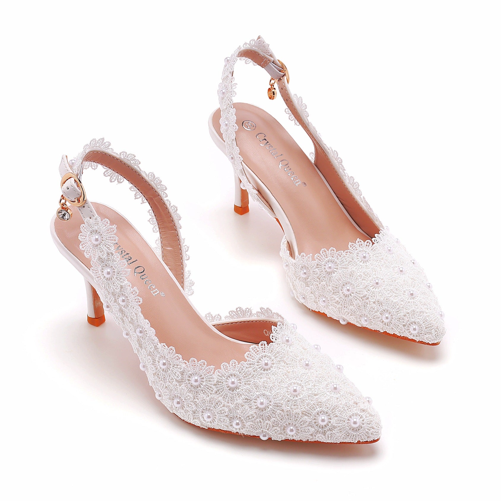Pointed Toe White Lace Flower Slingback High Heels