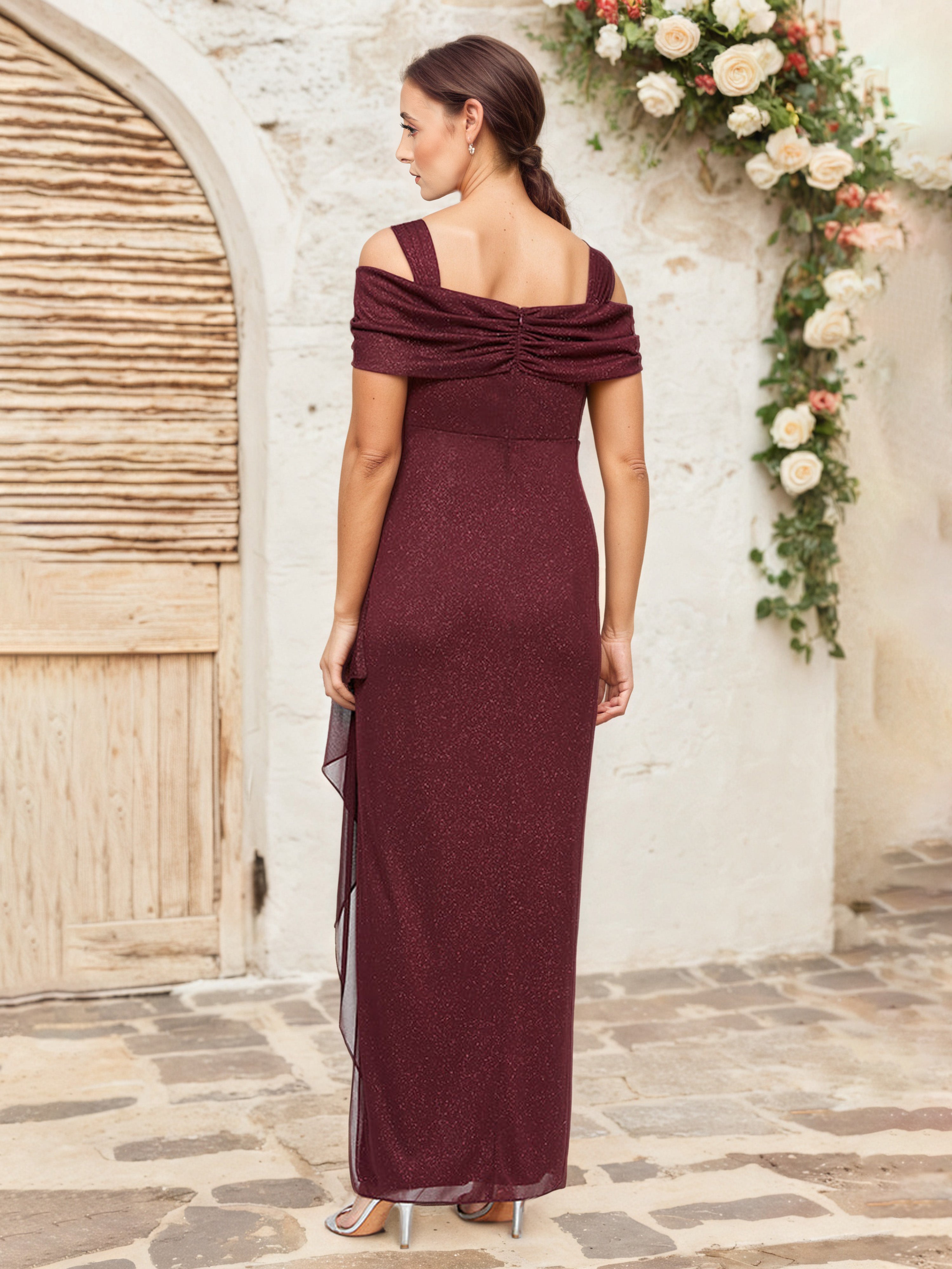 Square Neckline Off The Shoulder Sheath/Column Sleeveless Pleats Cabernet Mother Of The Bride Dress