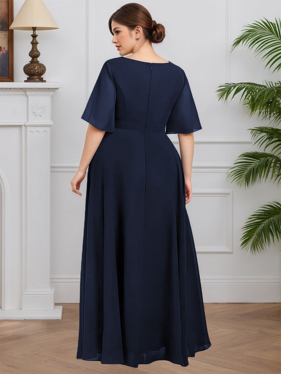 Cicinia Dark Navy Mother Of The Bride Dresses Chiffon Half Sleeves Pleats V-Neck A-Line Plus Size