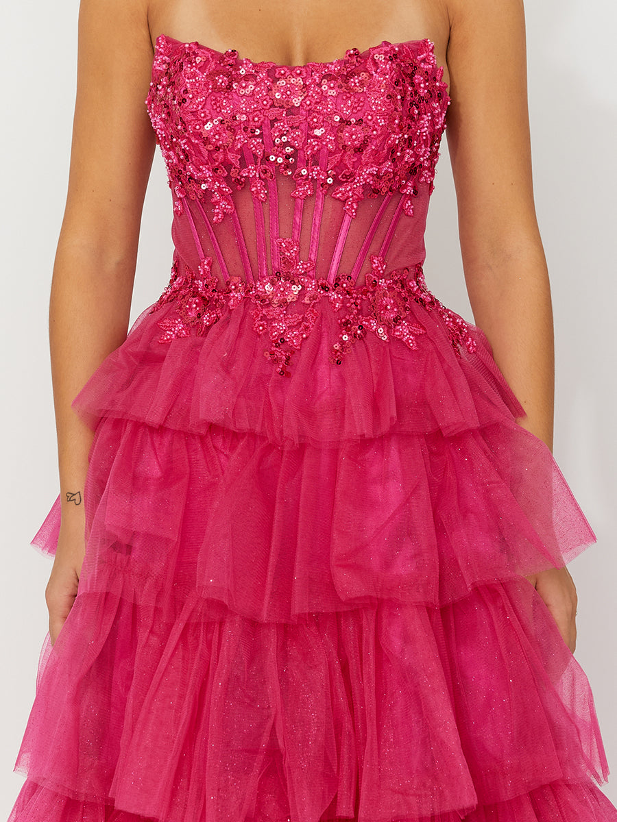 Cicinia Fuchsia Prom Dresses Tulle Layered Slit Sleeveless A-Line Evening Gown