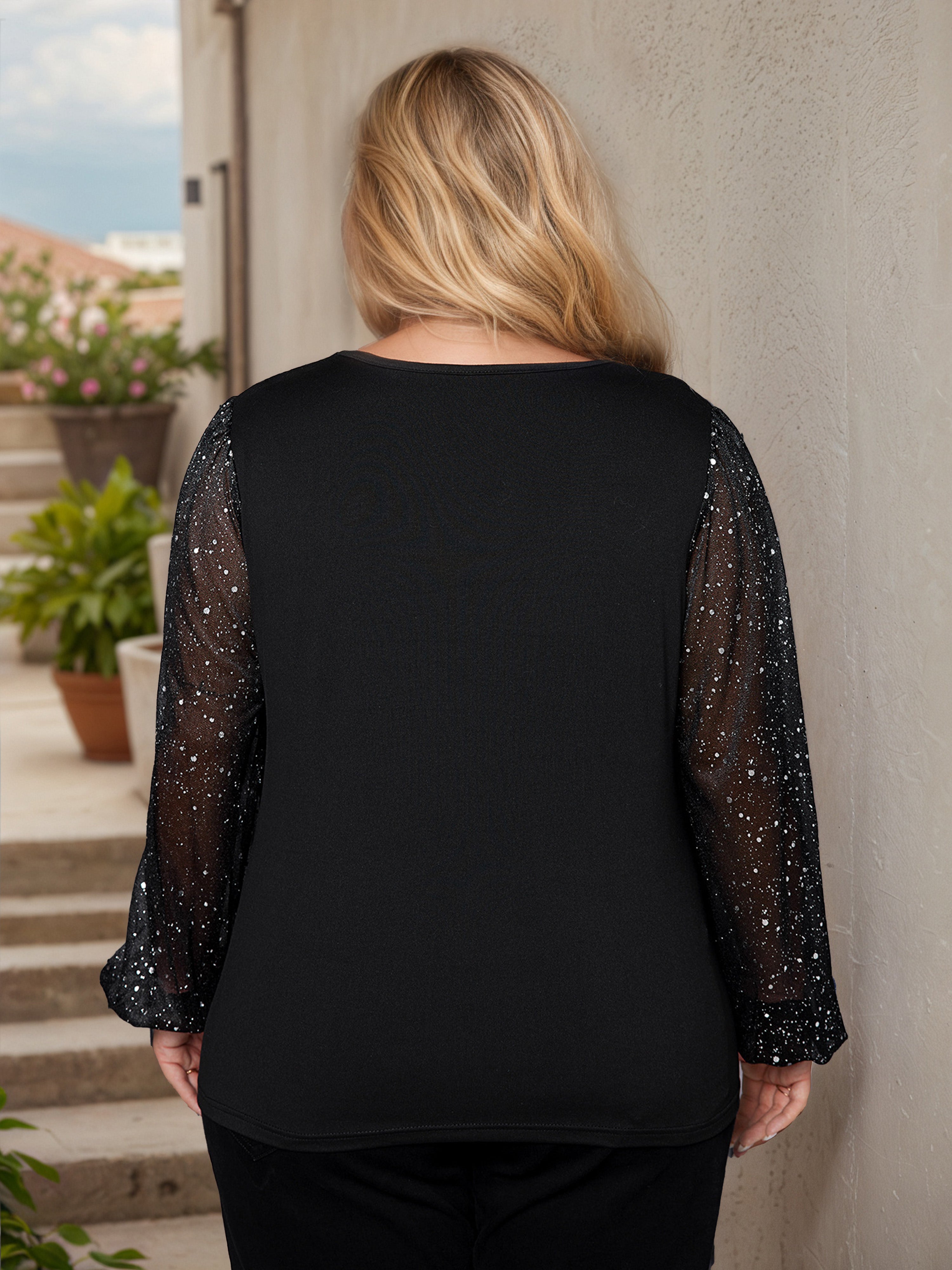 Illusion Sleeves Pleats Hem Long Sleeves Black Plus Blouse