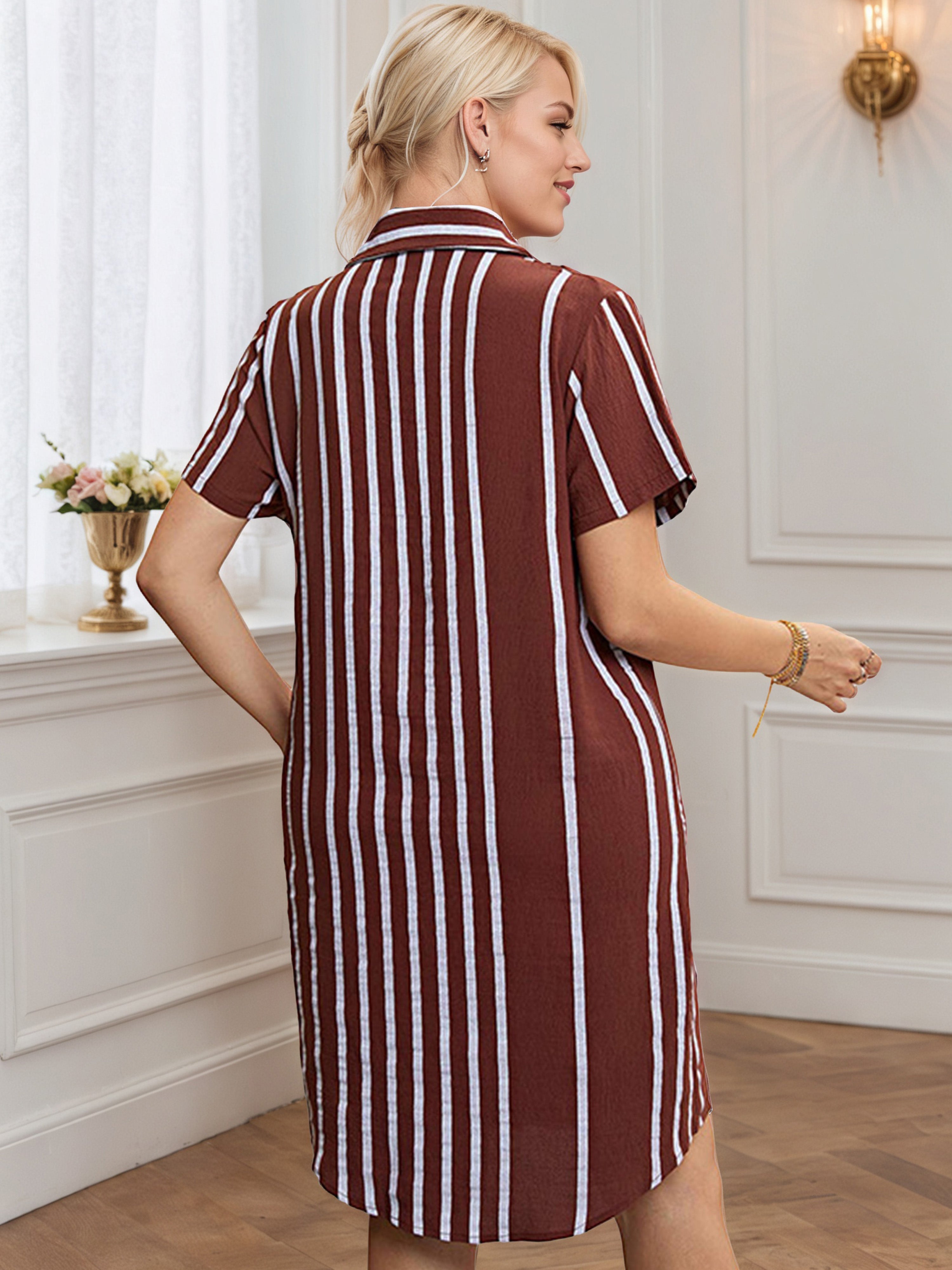 Rust Striped Print Front Bottom A-Line Plus Size Dress