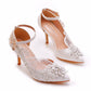 White Pointed Toe Lace Rhinestone Ankle Strap High Heel