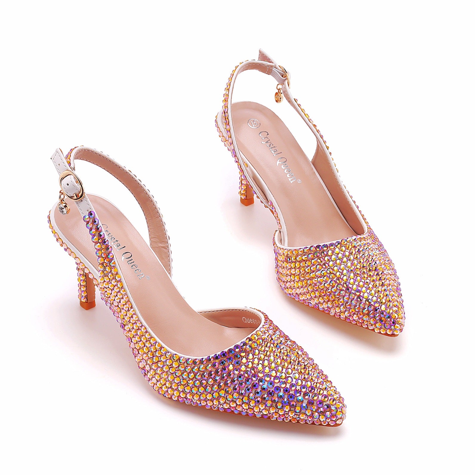 Pointed-Toe Colored Rhinestone Slingback High Heels