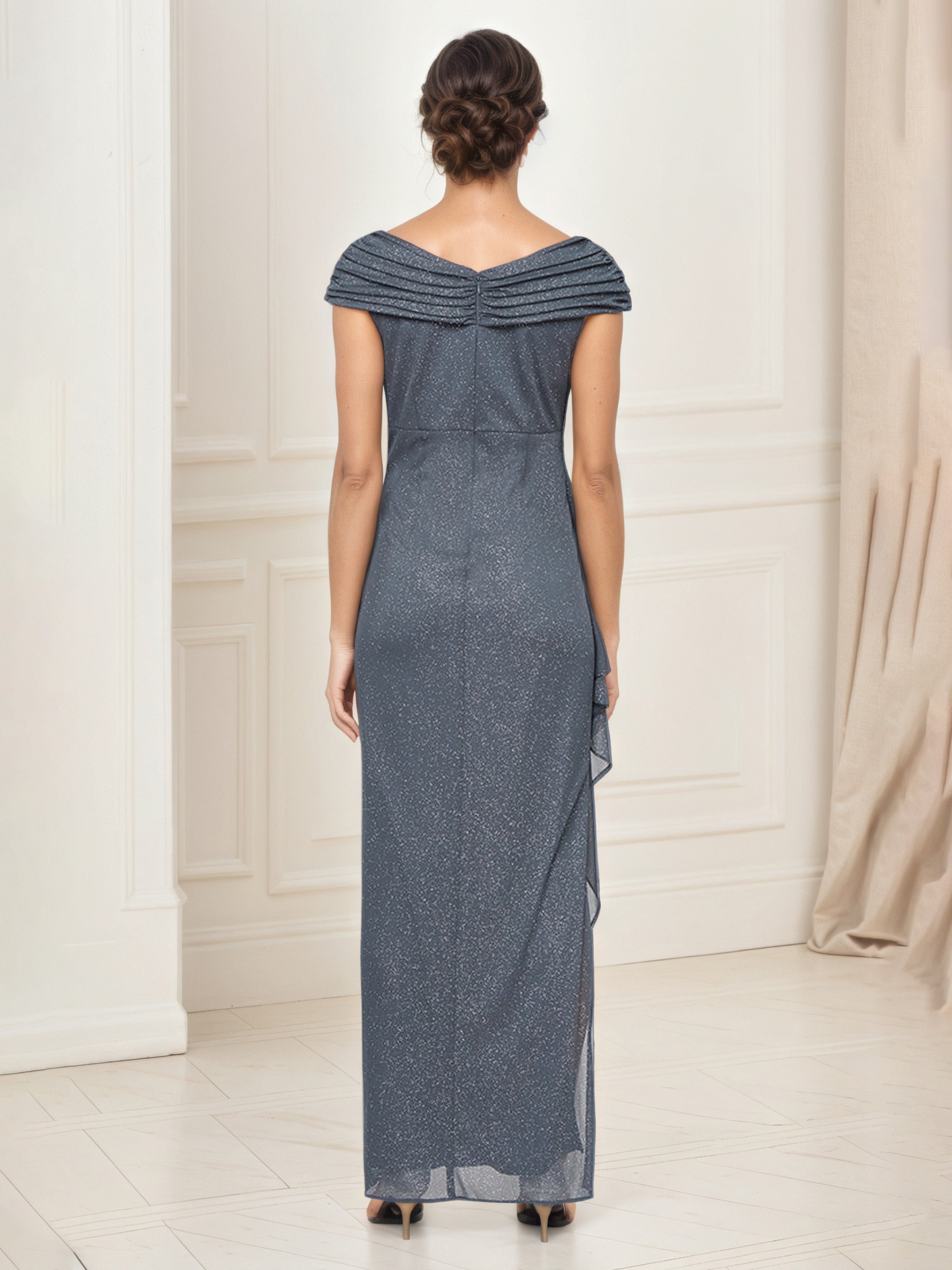 Glitter Mesh Sheath/Column Ruched Grey Mother of the Groom Dresses
