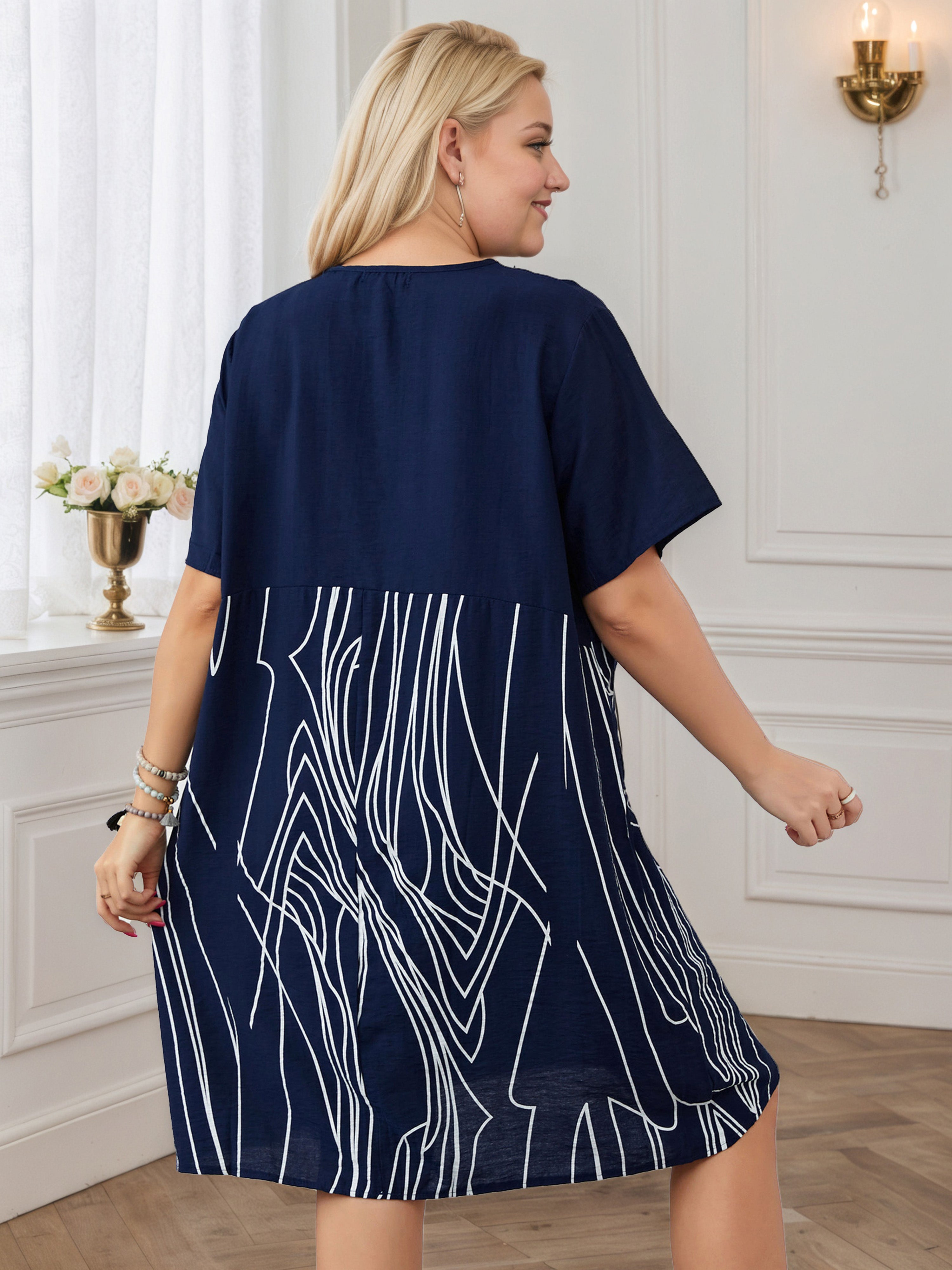 A-Line Short Sleeves Graphic Printed Dark Navy Plus Size Dress