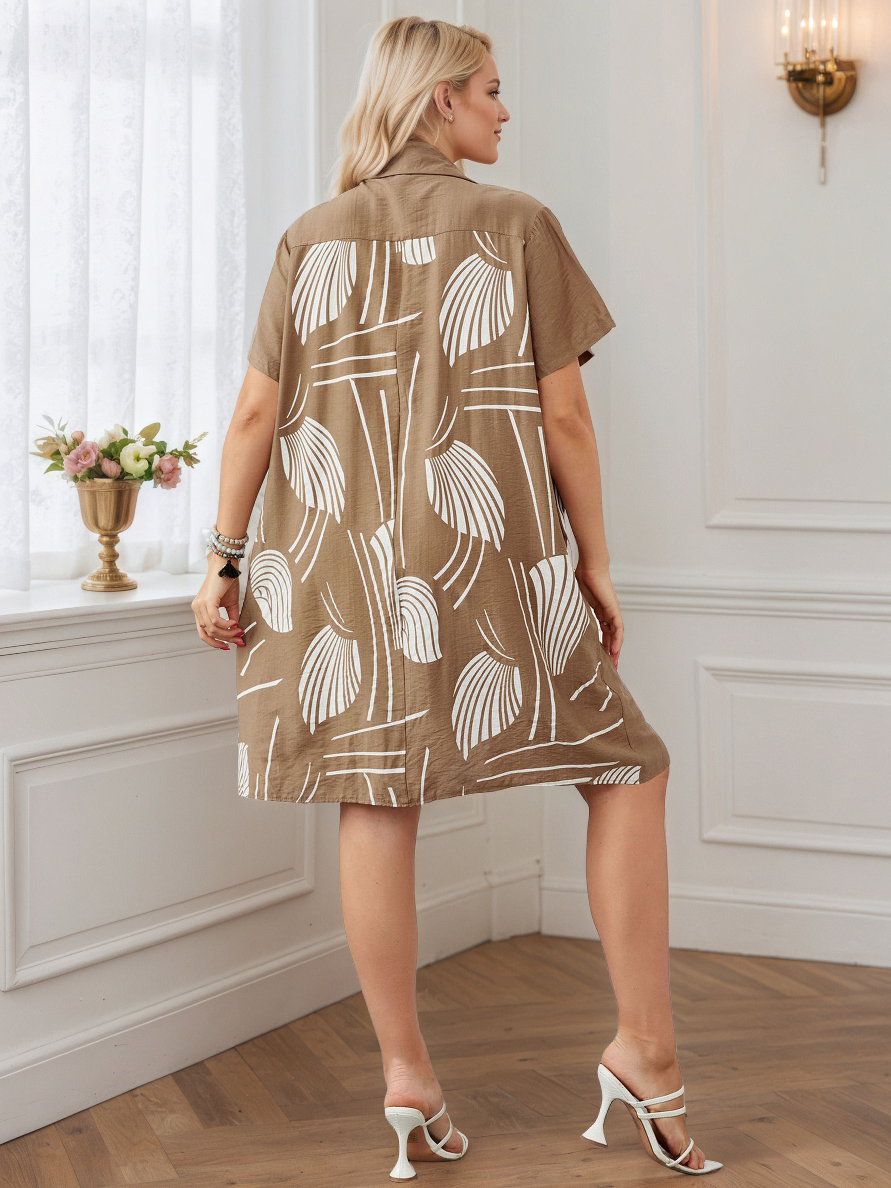 Graphic Printed Knee Length Khaki A-Line Plus Size Dress