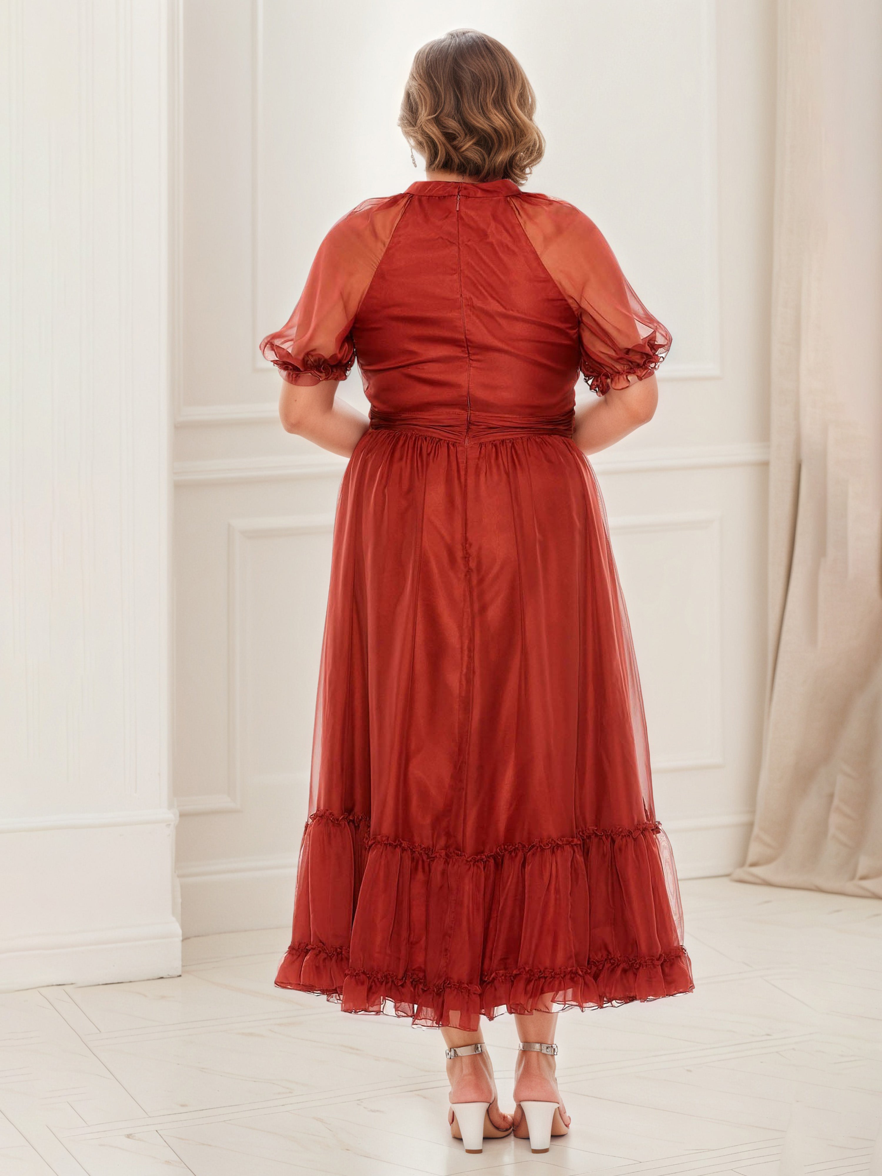 Rust Red Prom Dress Short Sleeves Tulle A-Line Prom Dress
