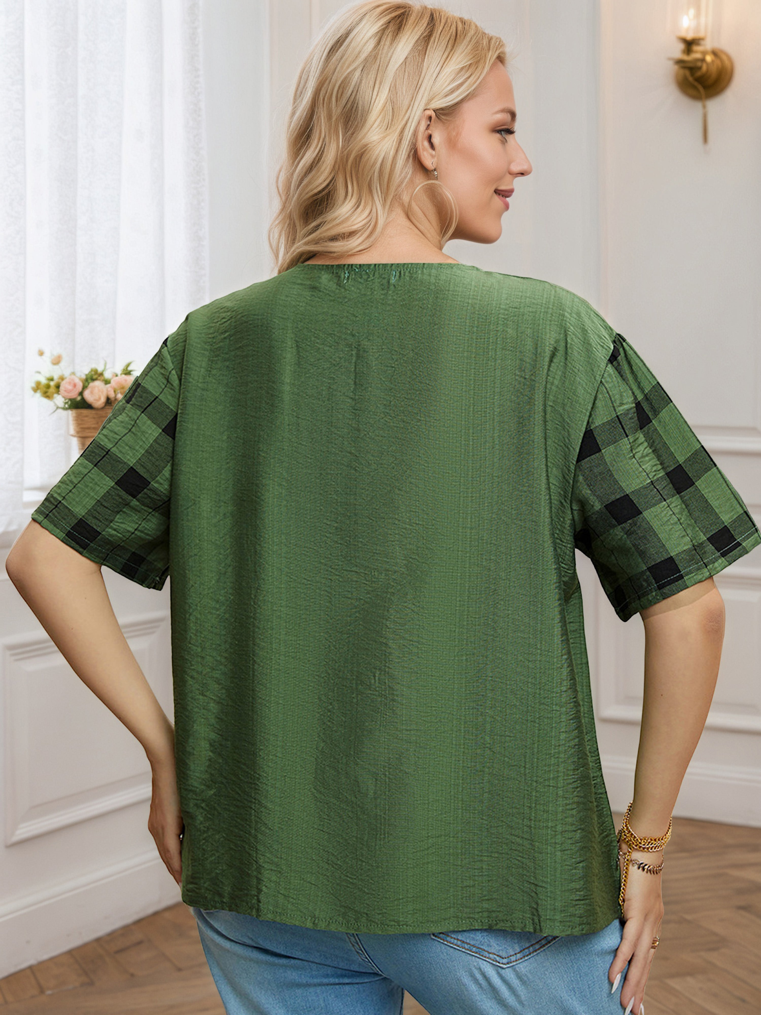 Plus Plaid Patchwork Button Olive Green Blouse