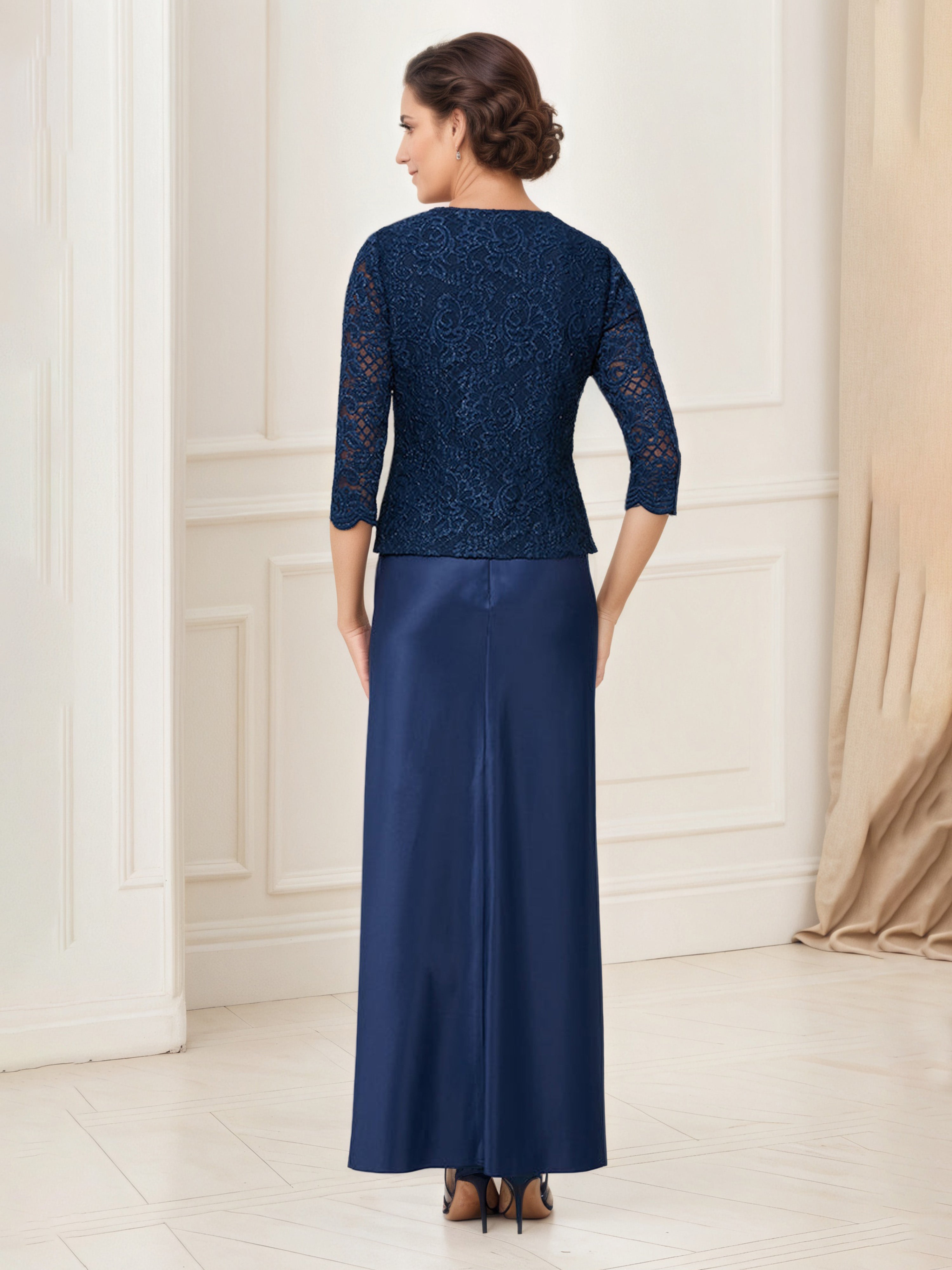 Glitter Lace Bodice Satin Dark Navy Mother Of The Bride Dress with Lace Jacket