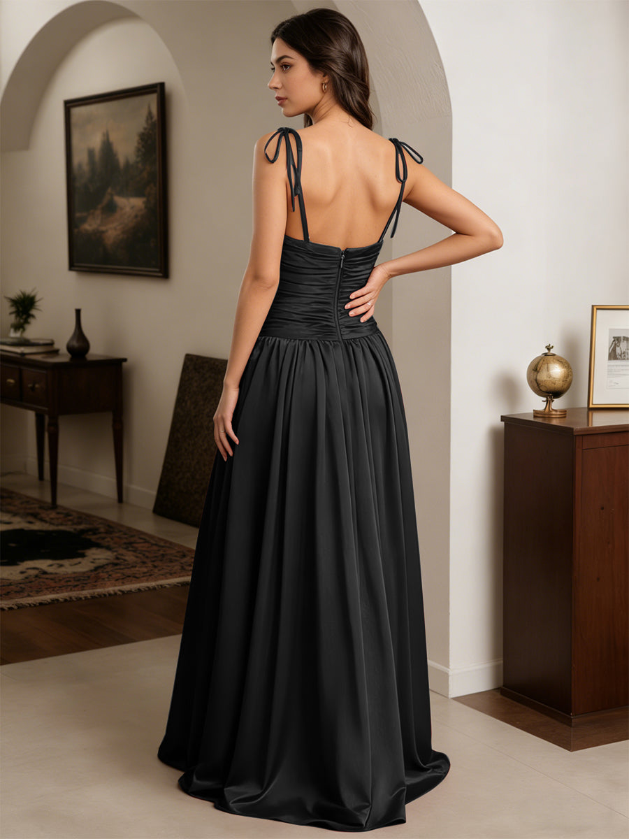 Cicinia Black Prom Dresses A-Line Satin Spaghetti Straps Pleats Long Party Gowns