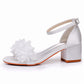 White Floral Satin Open Toe Low Chunky Heels