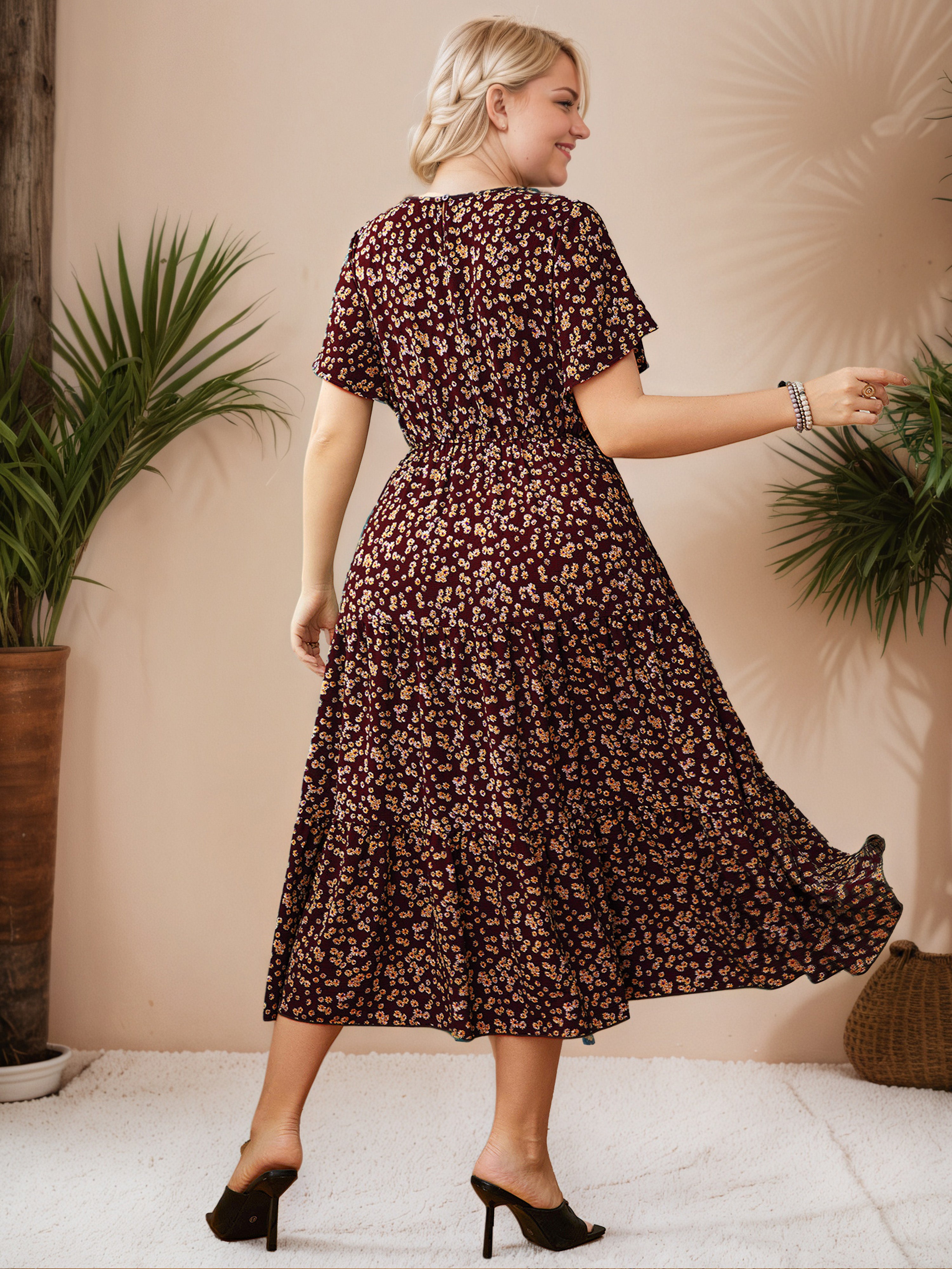 Cabernet Plus Size Dress Round Neck Tea Length Plus Size Dress