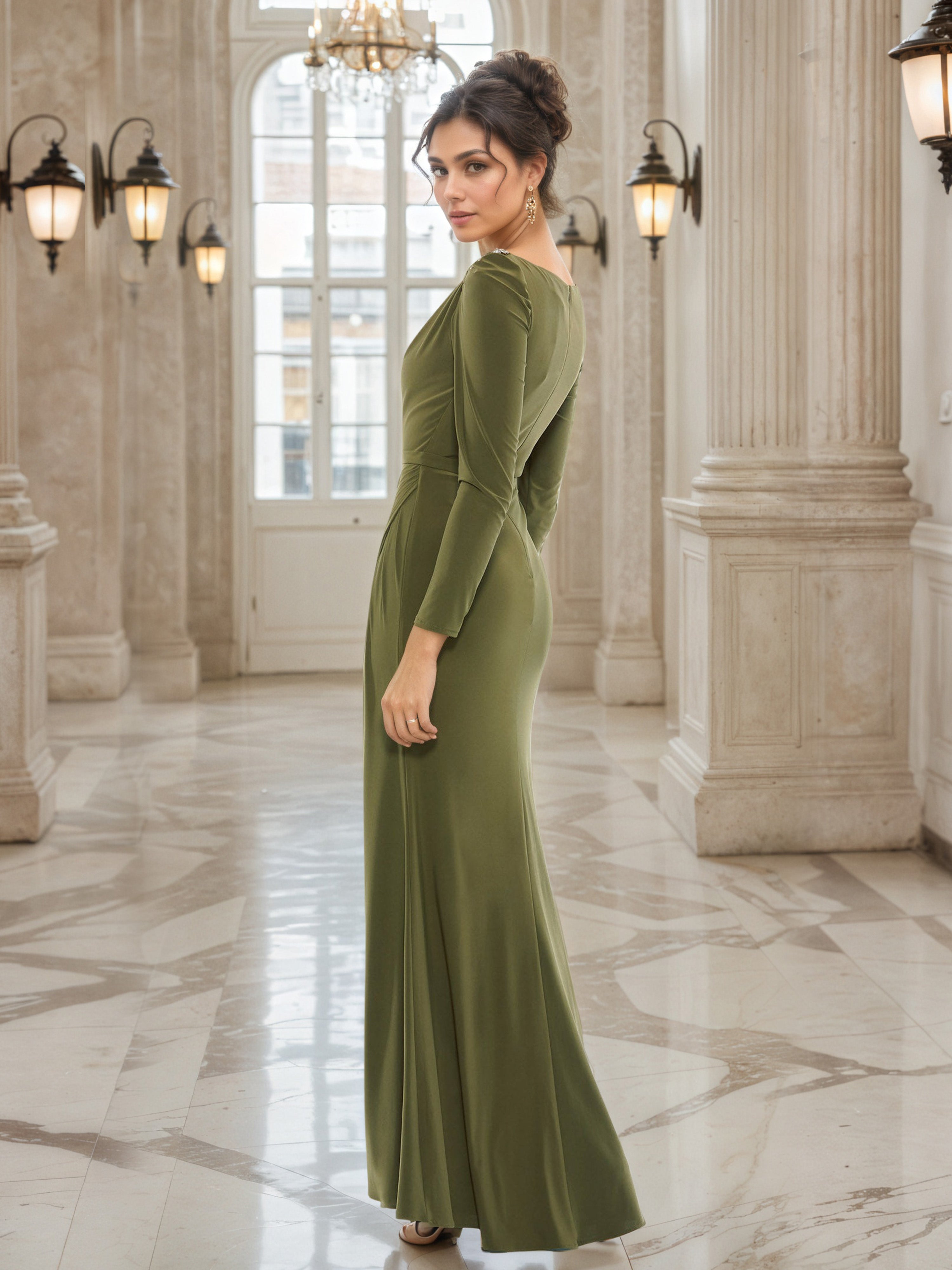 Sheath Embellished Shoulder Long Sleeves Olive Green Prom Dress UK