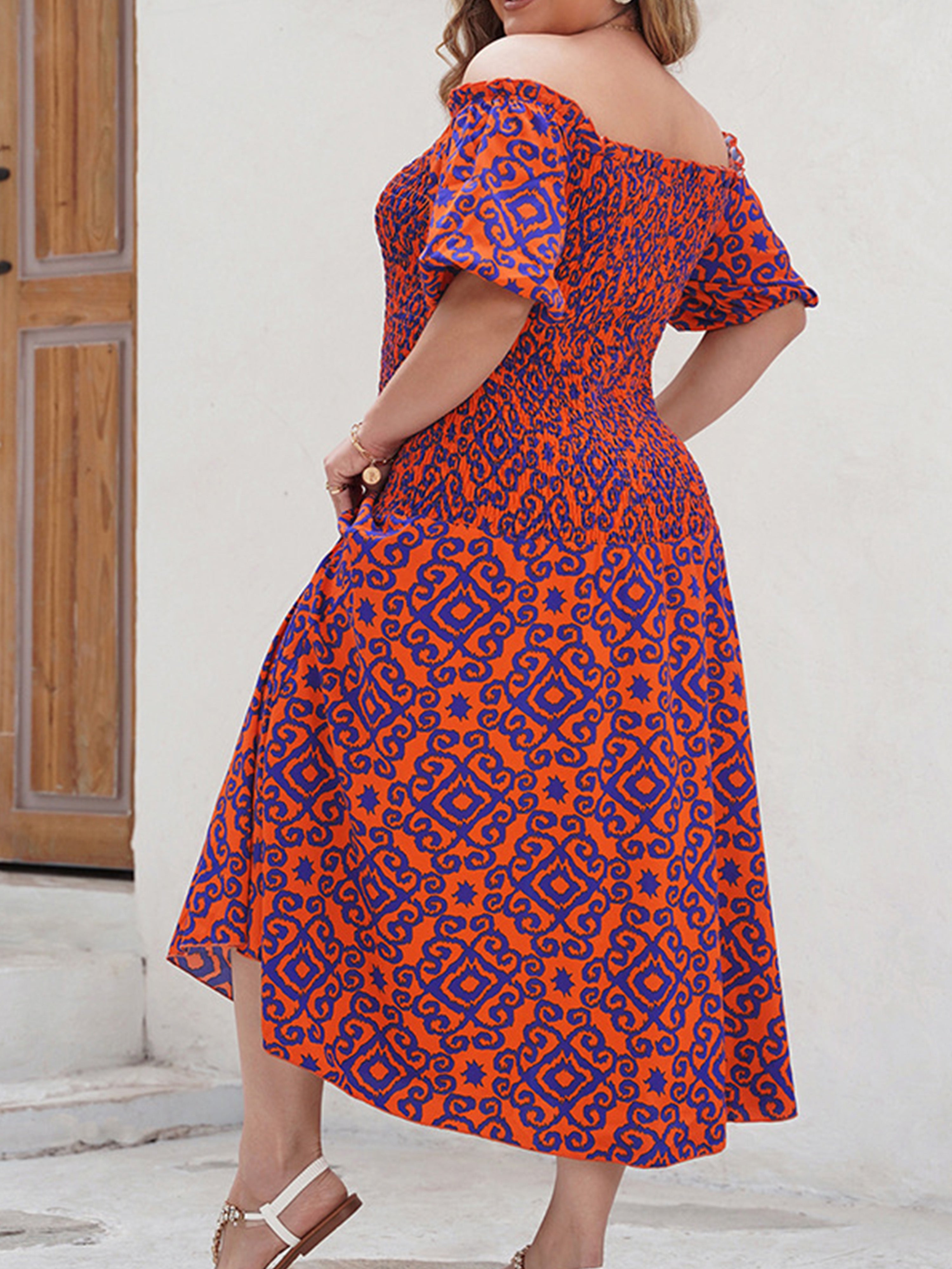 Off The Shoulder Graphic Printed Tea Length Plus Size Dress