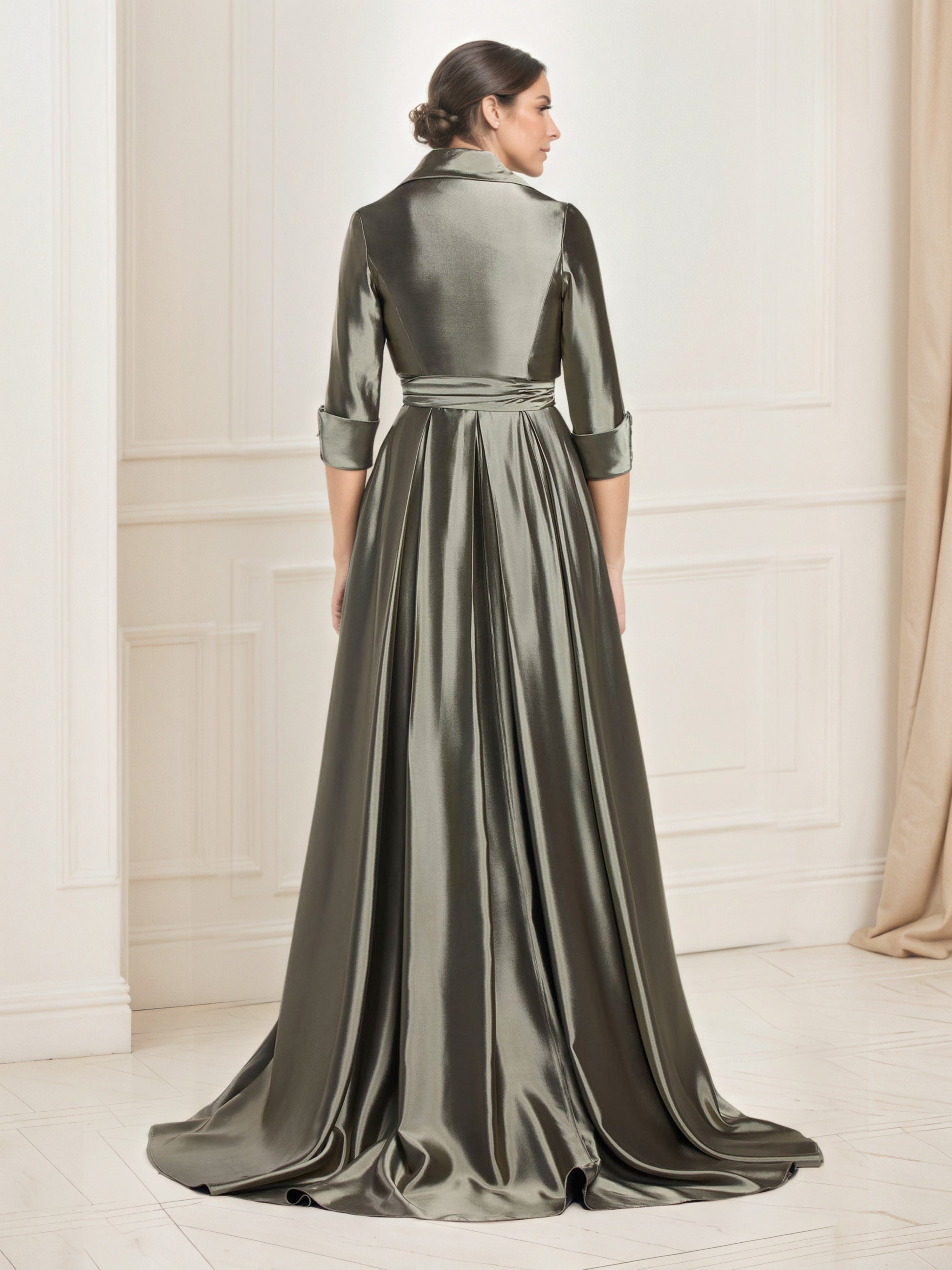 V-Neck Sweep/Brush Train Long A Line Dark Taupe Prom Dress with 3/4 Sleeves