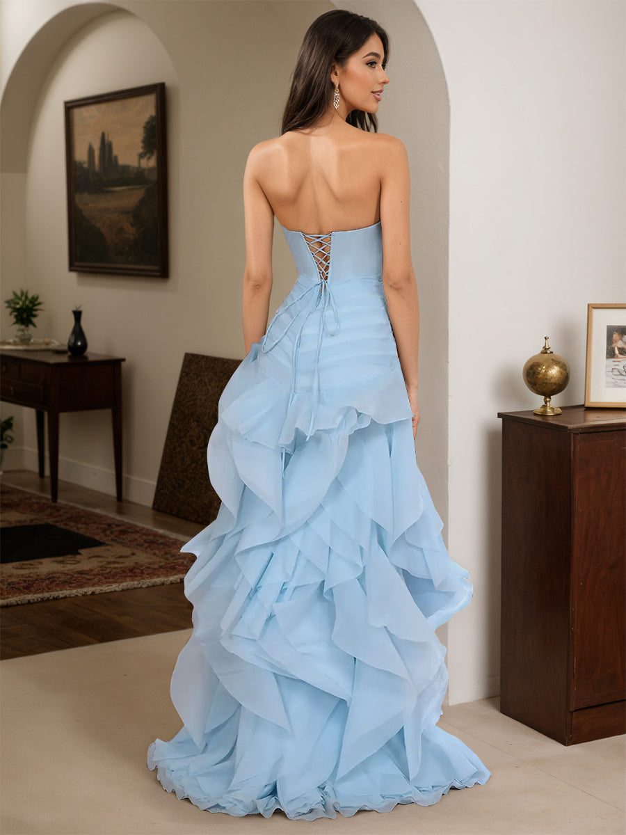 Cicinia Sky Blue Prom Dresses Tulle Sheath Strapless Layers with 3D Flower Evening Gown