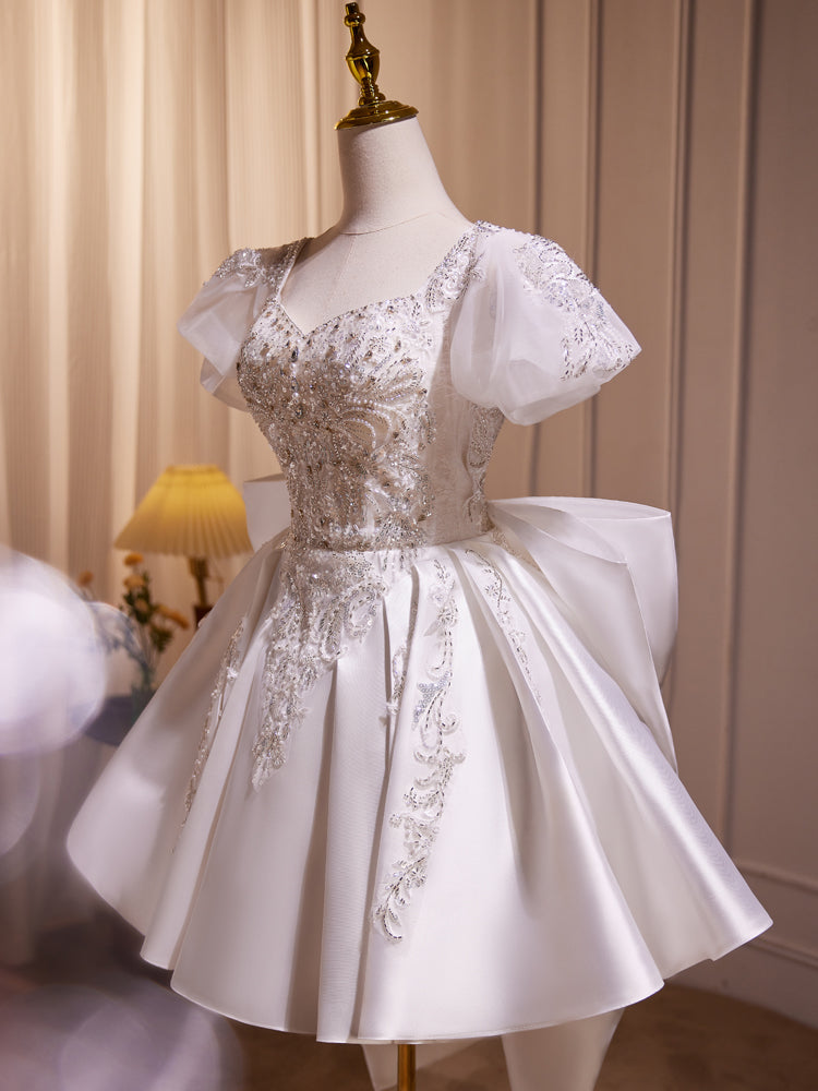 Luxury Lantern Sleeves Beaded Short Homecoming Dress with Bowknot