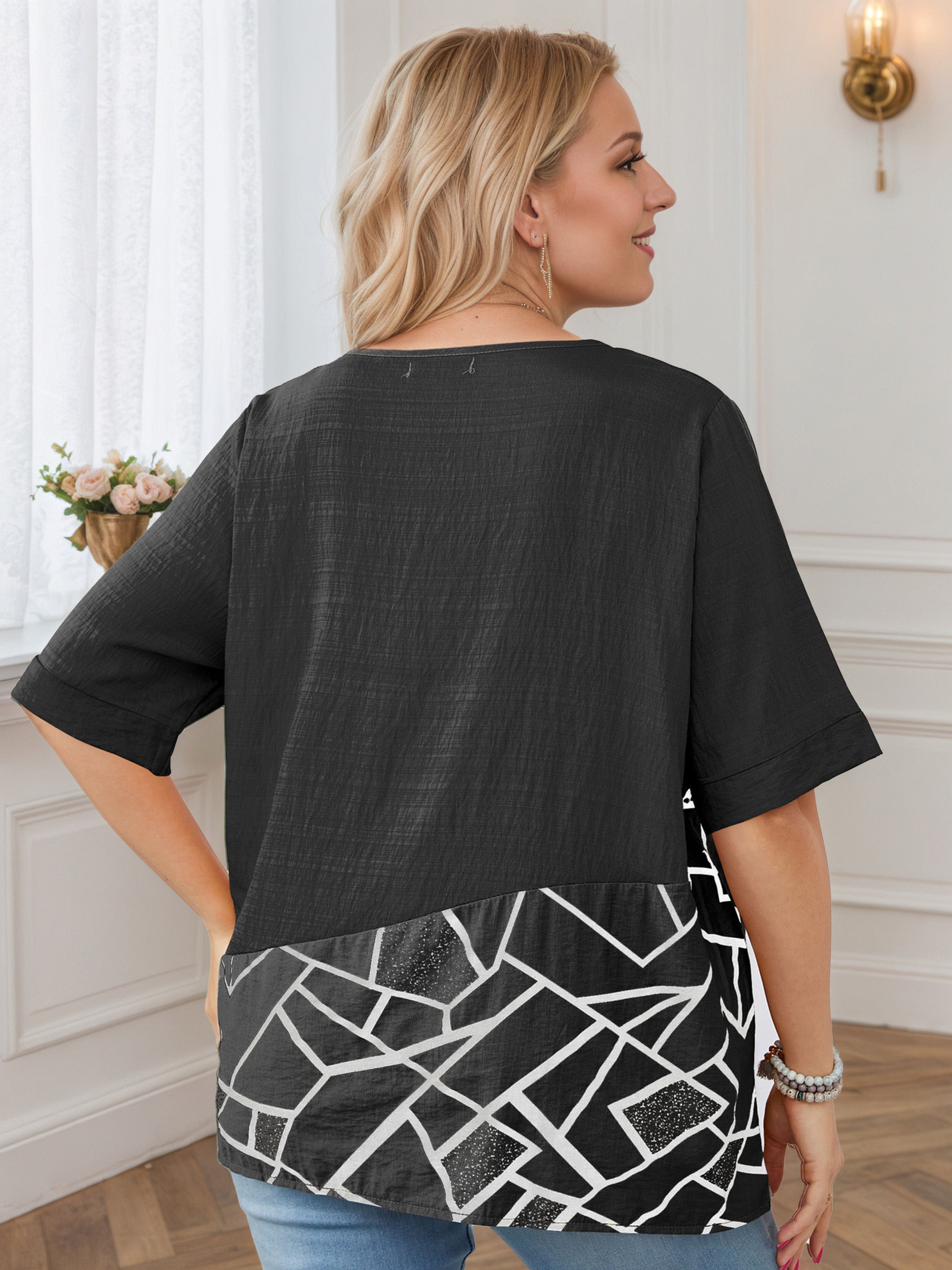 Plus Plain Patchwork Contrast Black Blouse