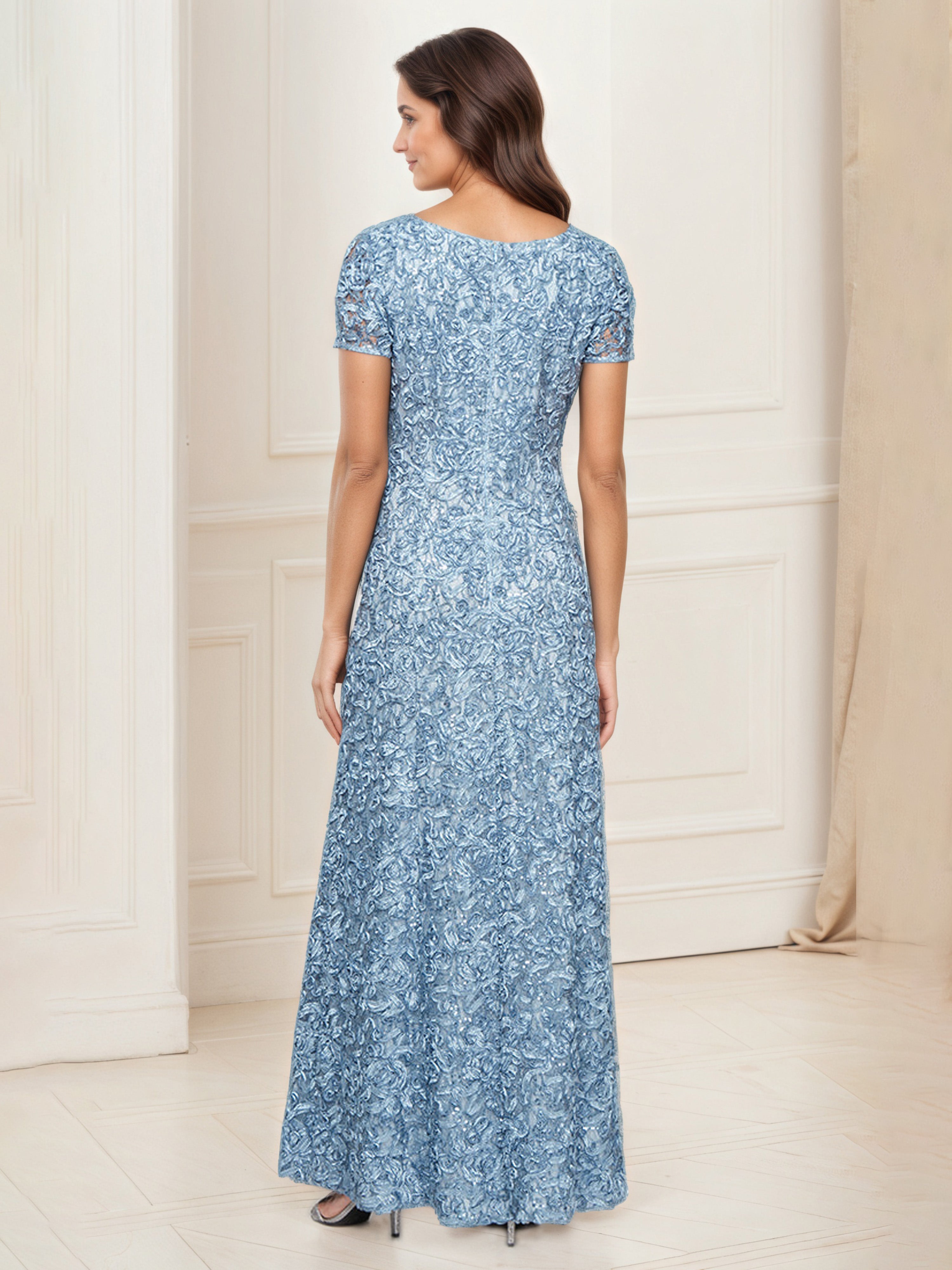Blue Soutache Sequin Lace A-Line Dress Sleeves Illusion Neckline Mother Of The Bride