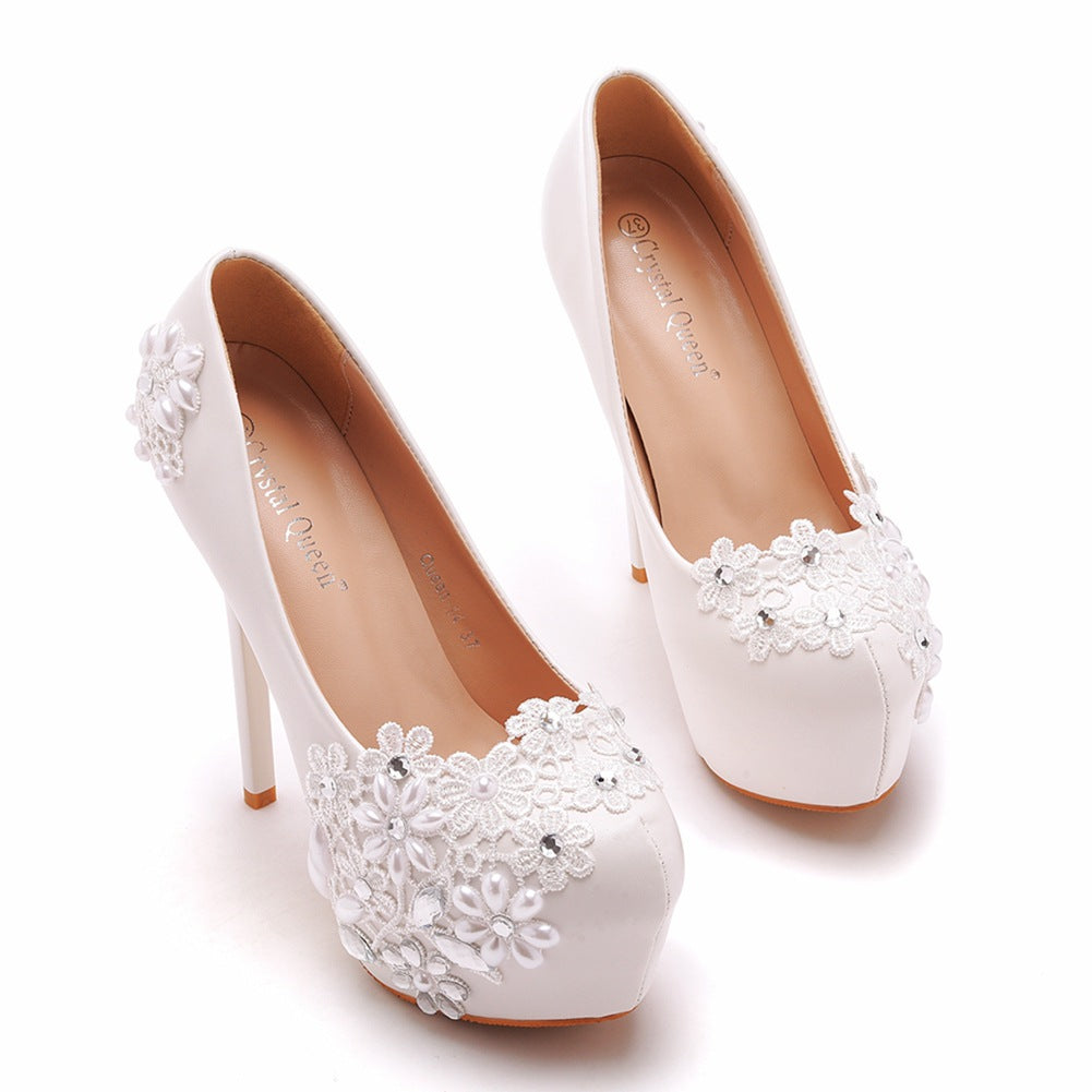 Rhinestone Pearl Lace Decor Bridal Platform Slip On Ultra High Heels