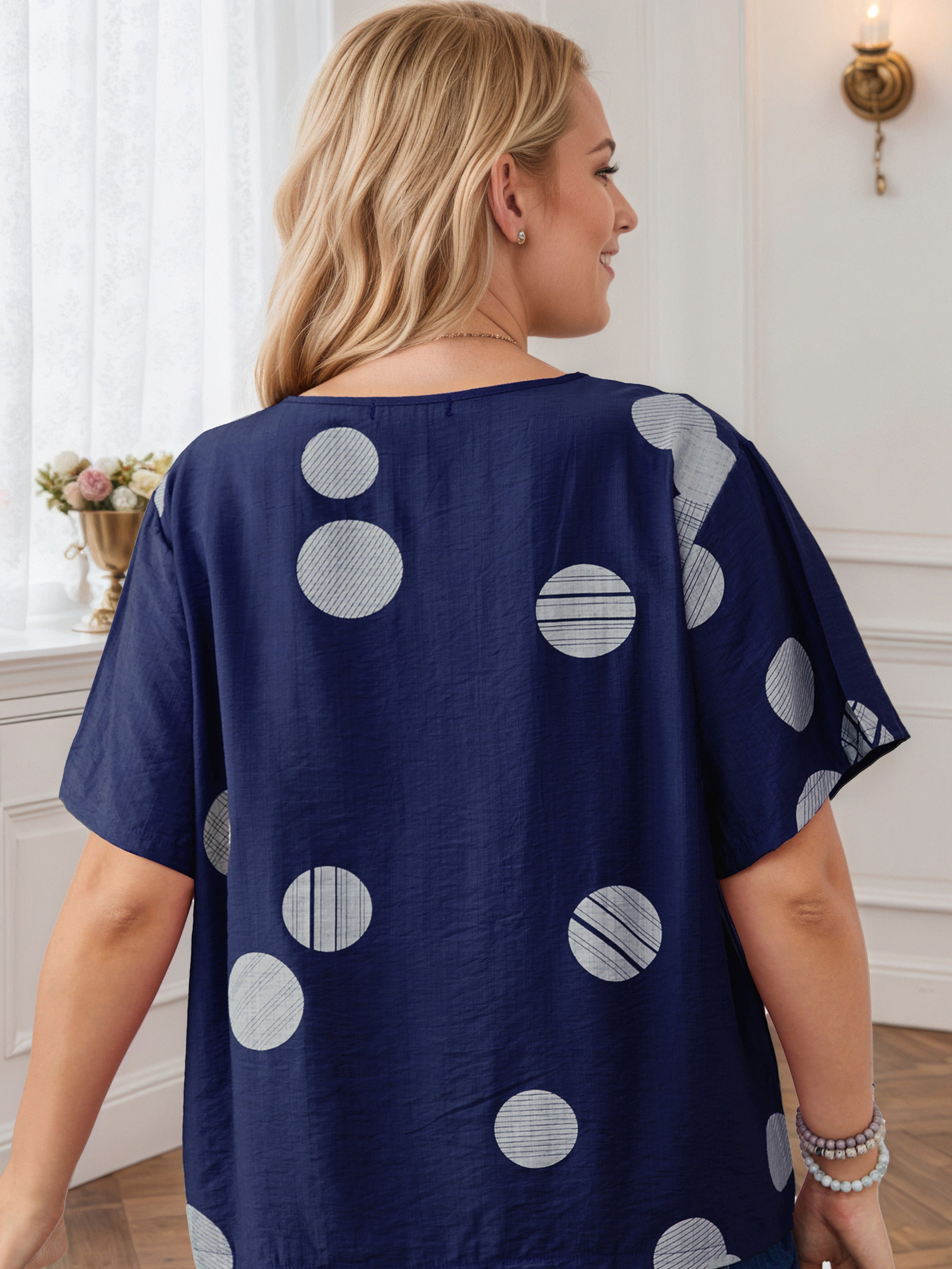 Plus Plain Patchwork Circle Print Dark Navy Blouse