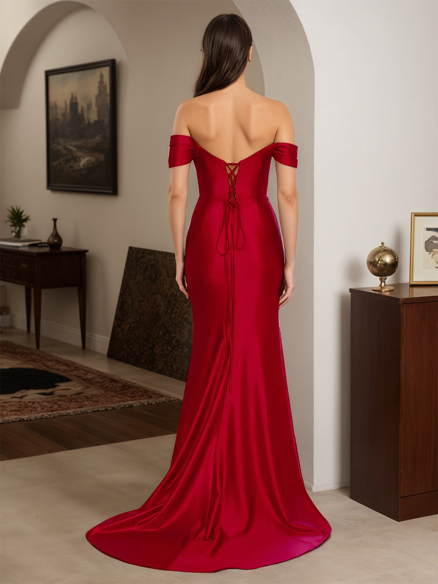 Cicinia Red Prom Dresses Off The Shoulder Trumpet Beading Strapless Sweep Train Gown